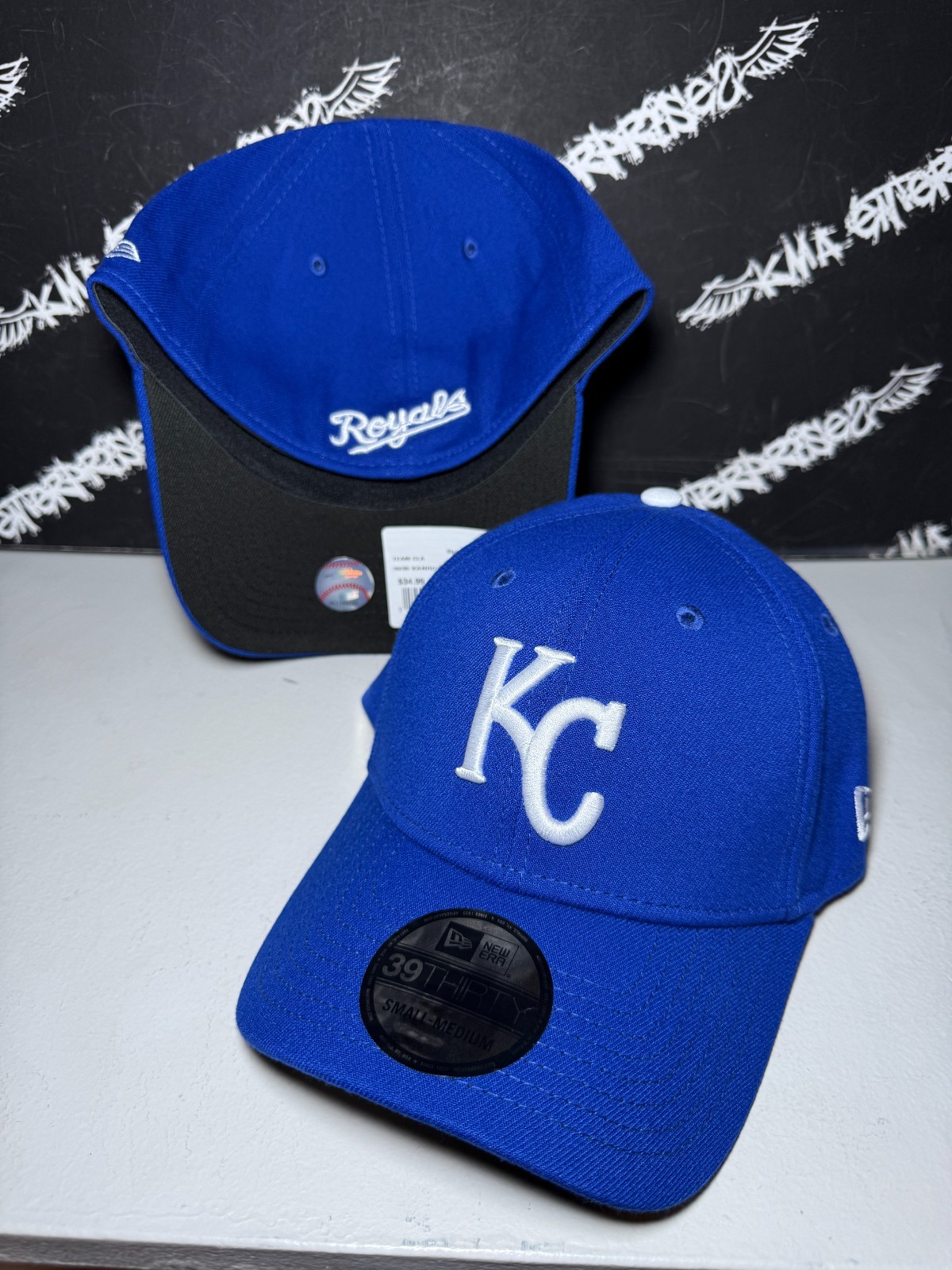 NWT New Era 39Thirty Kansas City Royals Wordmark Logo Blue Flex Fit Hat MENS