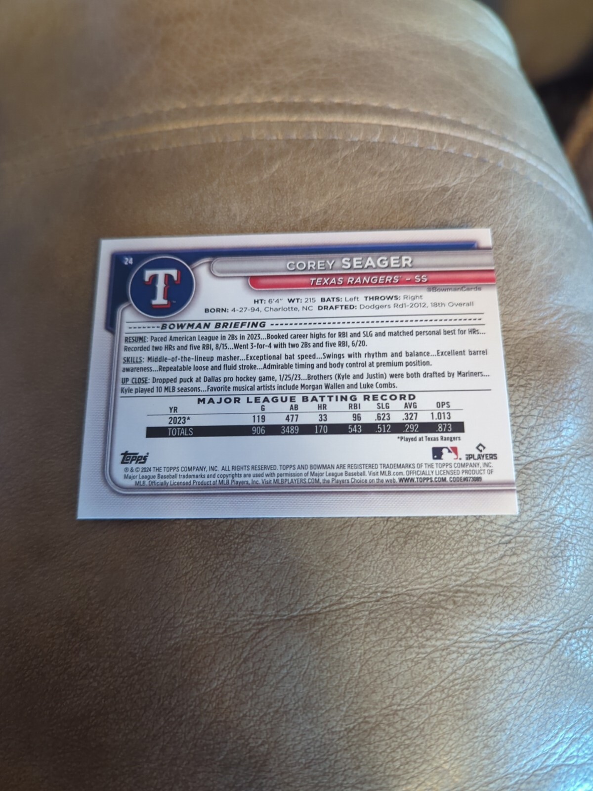 2024 BOWMAN BASE PAPER TEXAS RANGERS – COREY SEAGER #24