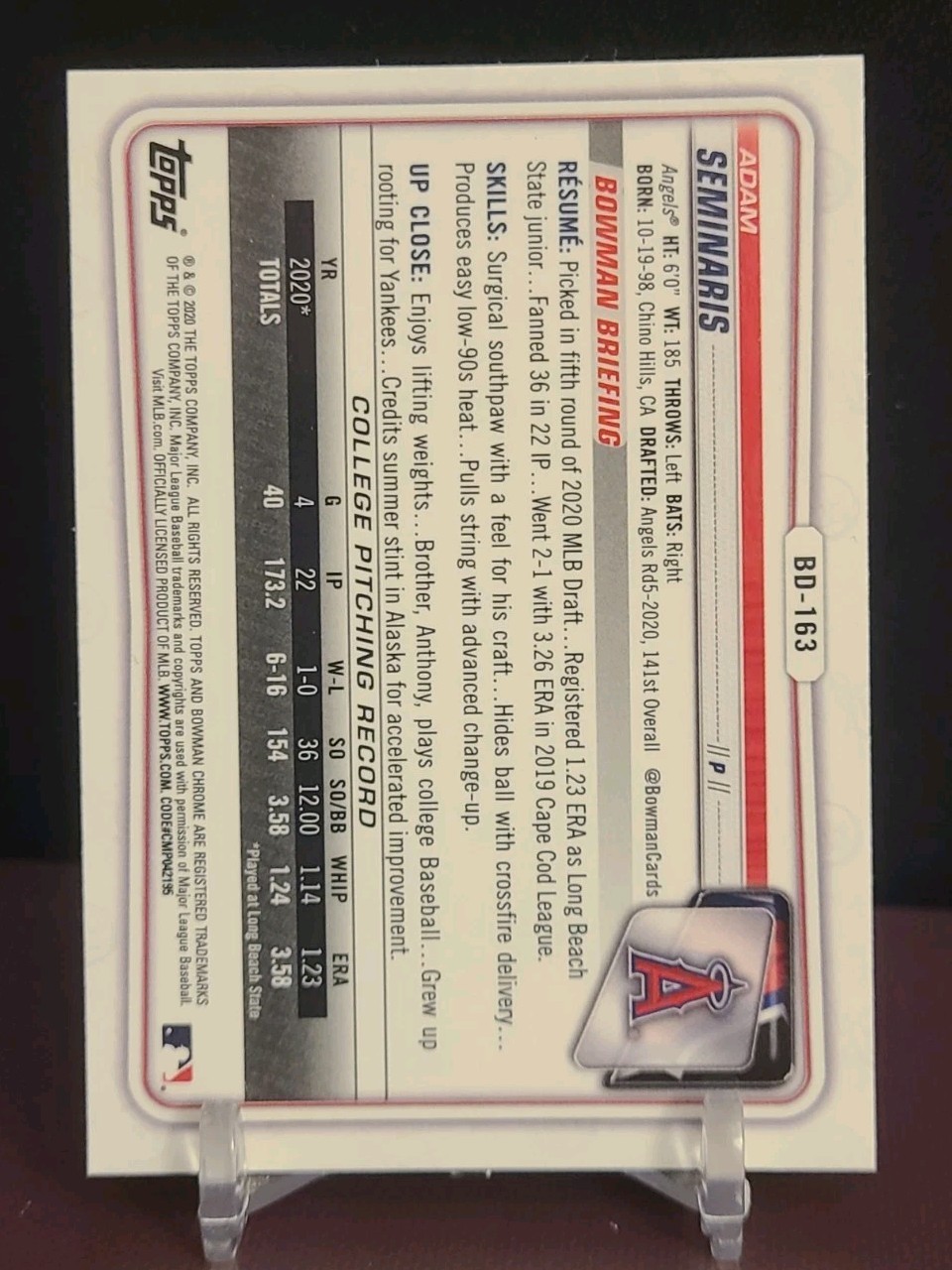 2020 Bowman Draft Chrome Adam Seminaris #BD-163 1st Bowman RC