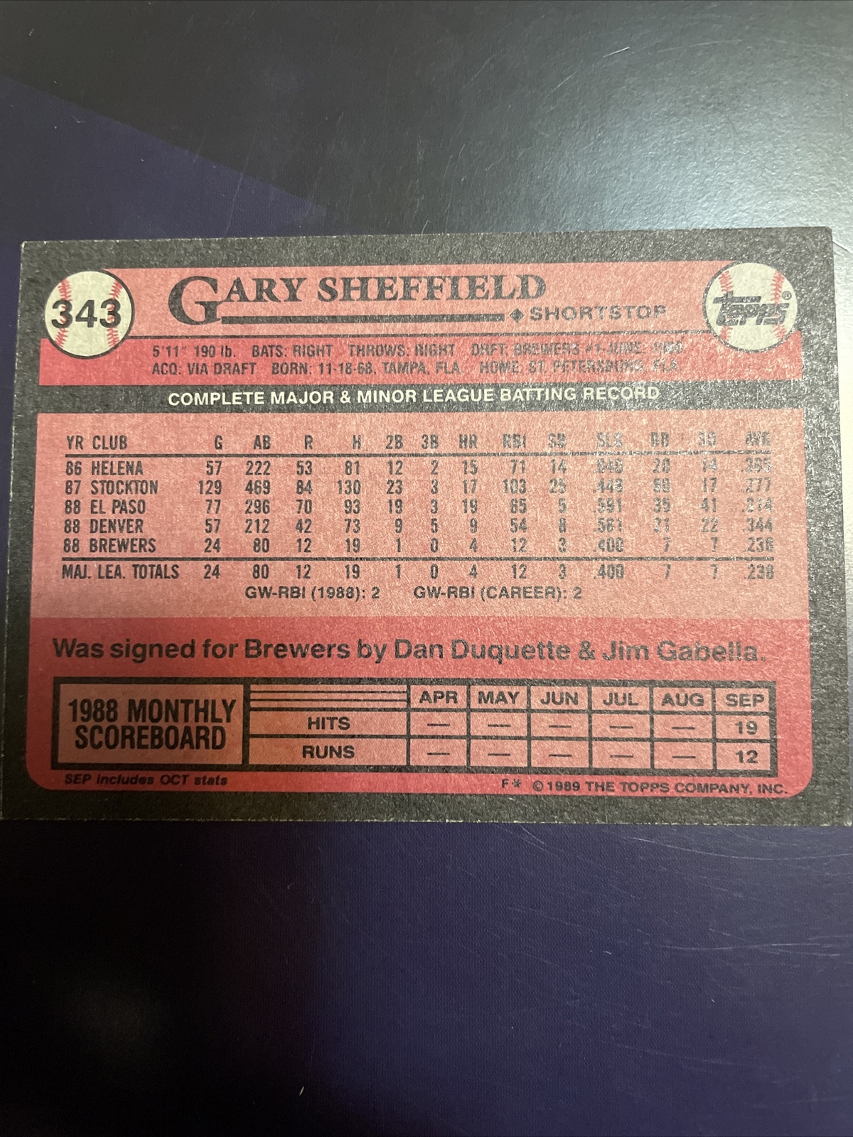 1989 Topps Gary Sheffield RC #343