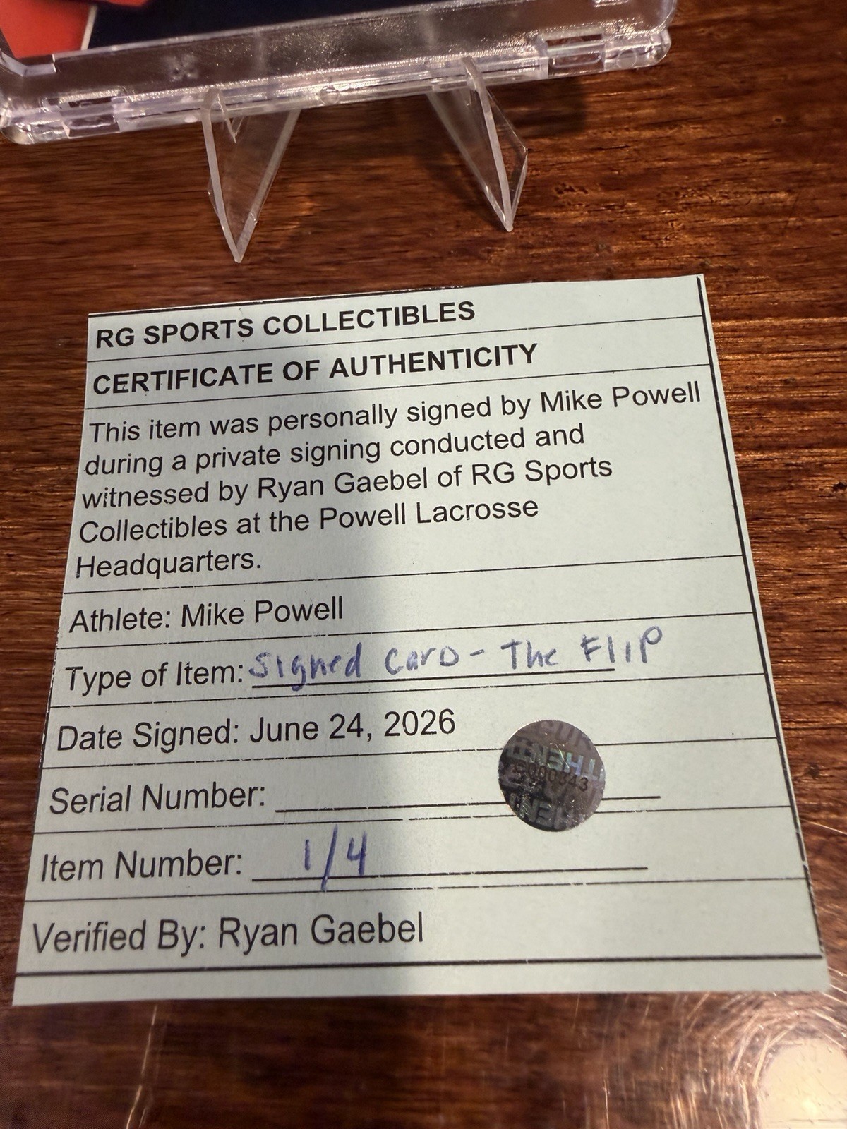 Mike Powell Signed Syracuse Legends “The Flip” Card Auto w/ COA 6/24/26 1/4