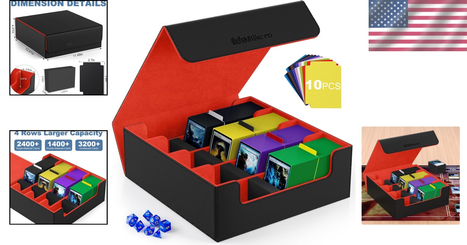 Black & Red Card Storage Box: Large Capacity with Colorful Dividers