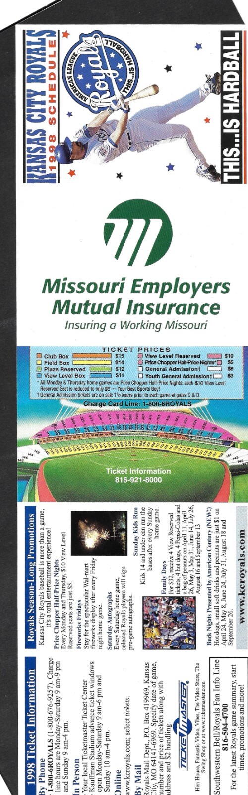 1998 KANSAS CITY ROYALS Missouri Mutual Ins Regular Season POCKET SCHEDULE EX