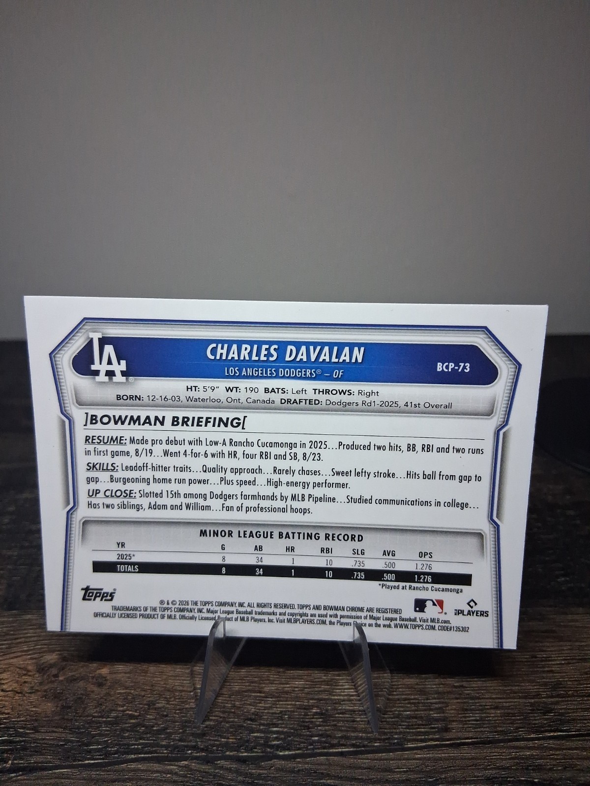 2026 Bowman – Chrome Prospects Charles Davalan #BCP-73 Lava Refractor /399 (RC)