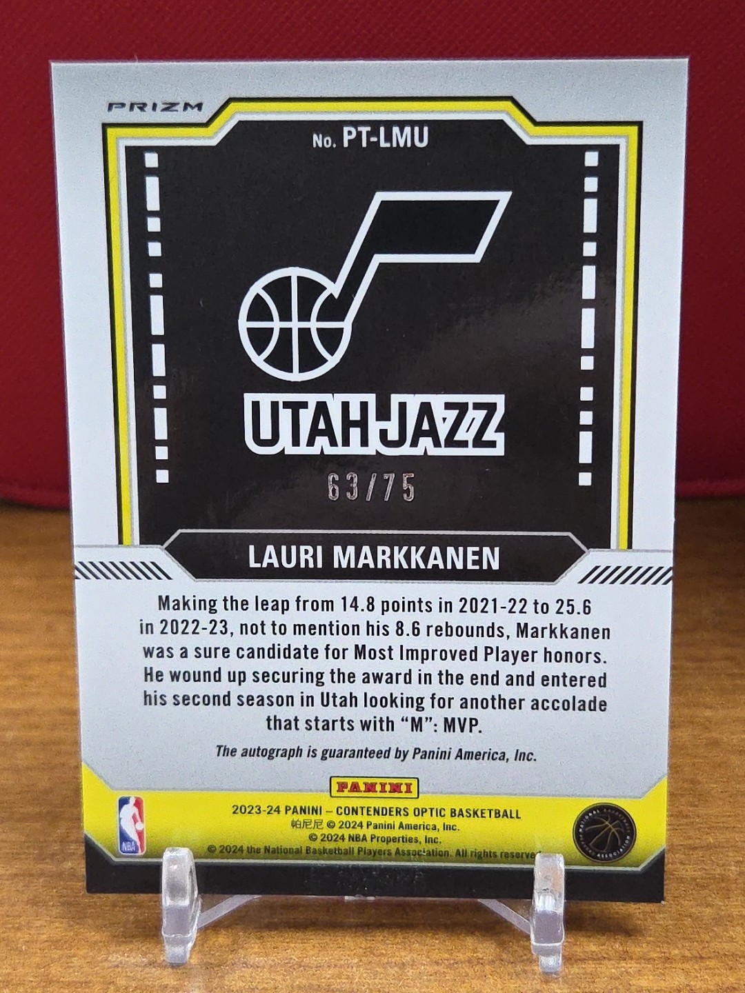 LAURI MARKKANEN 2023-24 Panini Contenders Optic Basketball Auto PT-LMU /75 JAZZ