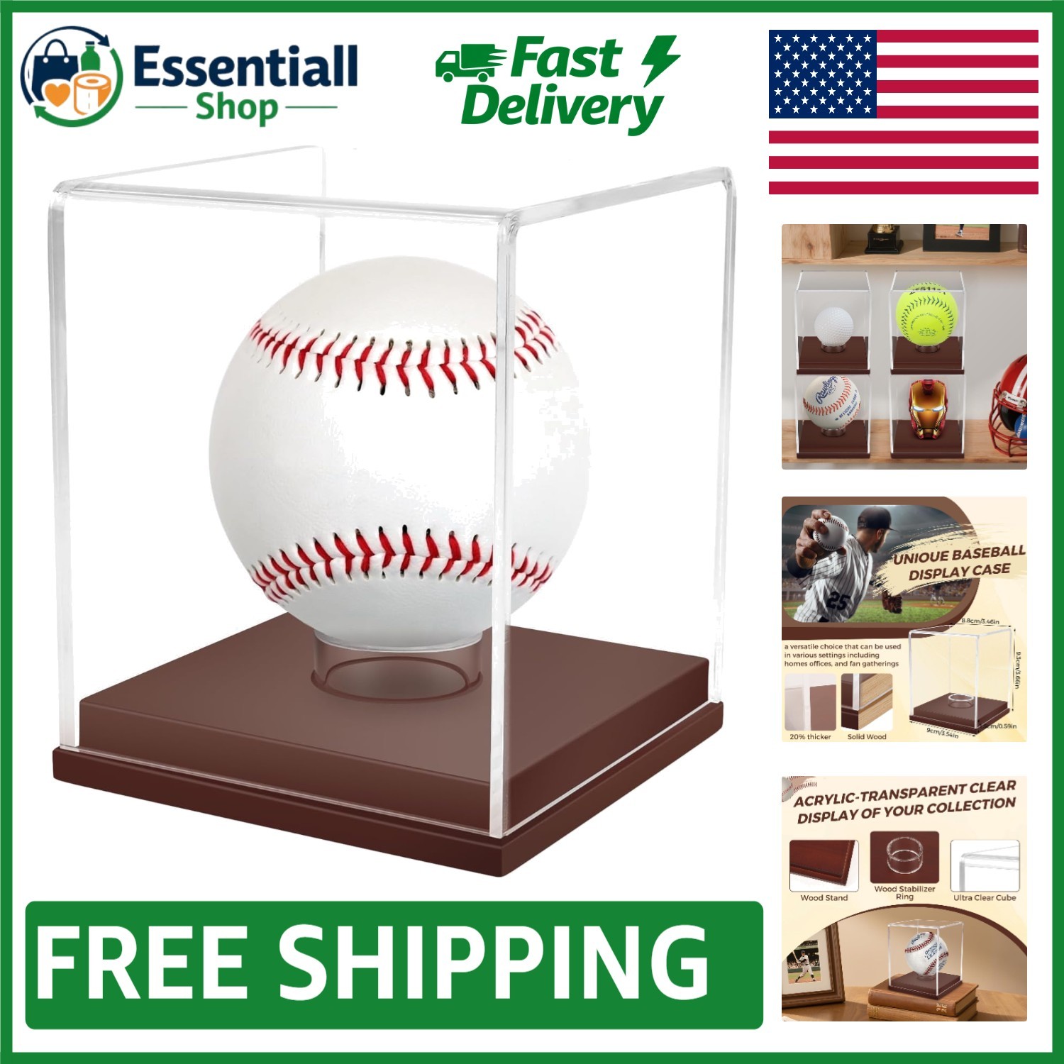 Clear Acrylic Baseball Display Case with Brown Wooden Base – Ideal Gift for Fans