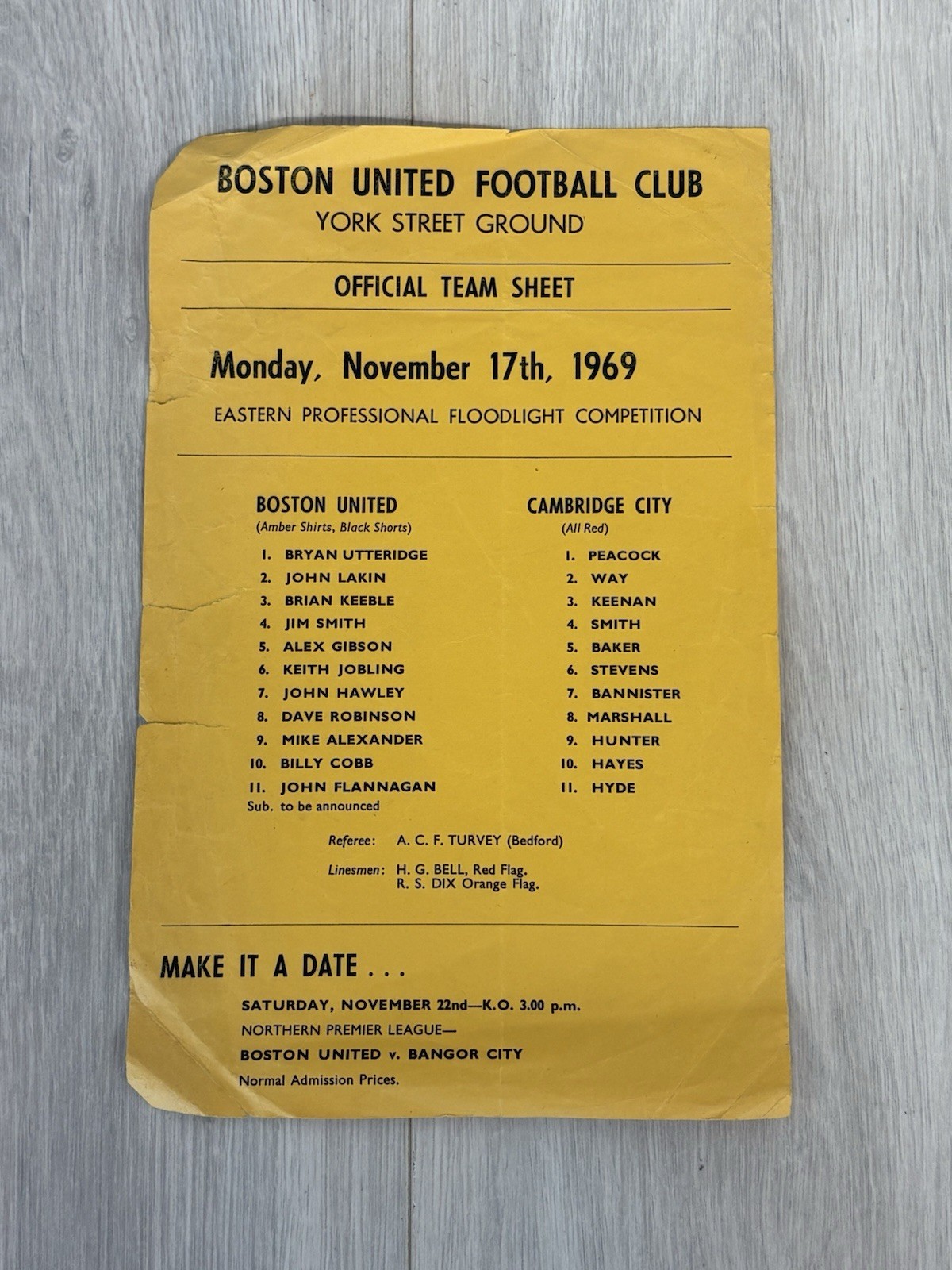 Boston United V Cambridge City Eastern Professional Floodlight 17/11/1969 S/S