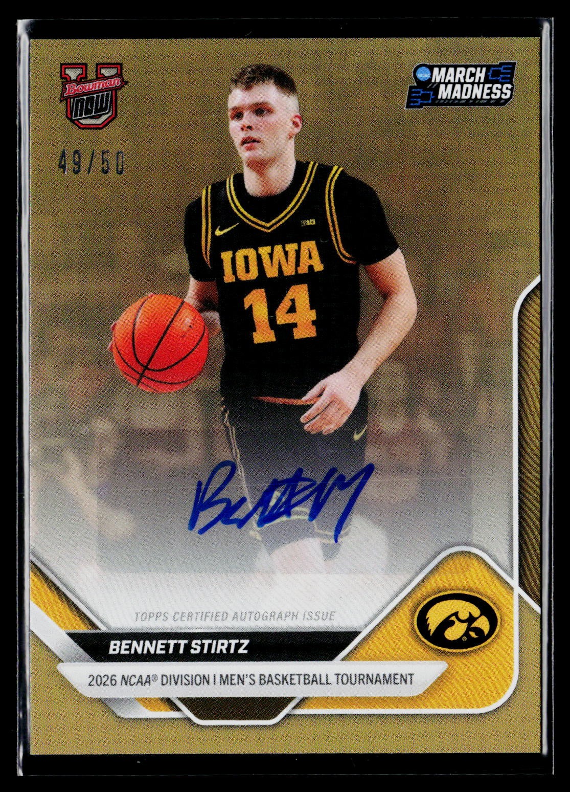 2025-26 Bowman U March Madness #11-A Bennett Stirtz Gold Auto /50 Iowa