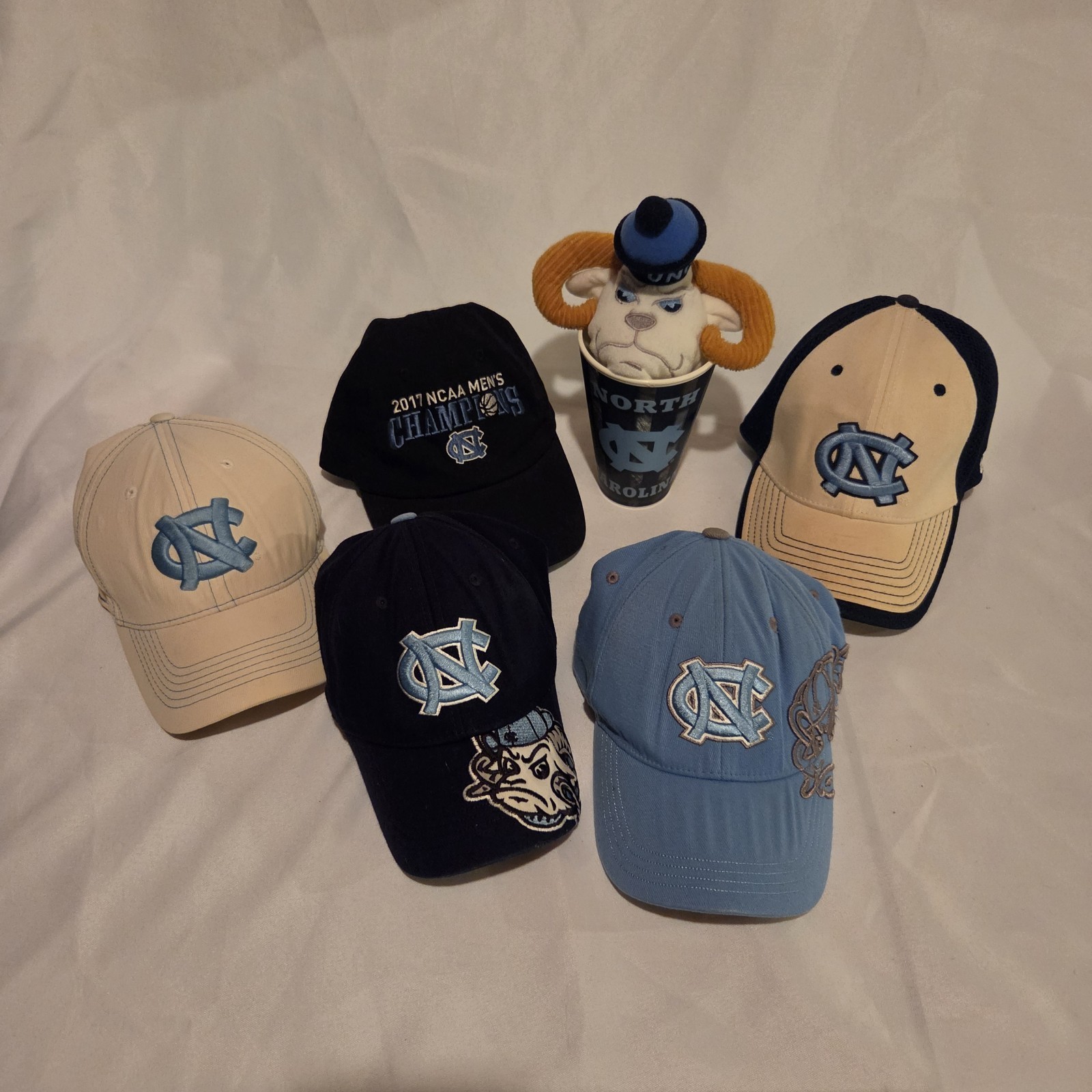 5 North Carolina Tar Heels Hats, Mascot Rameses Silly Smasher & Collectible Cup