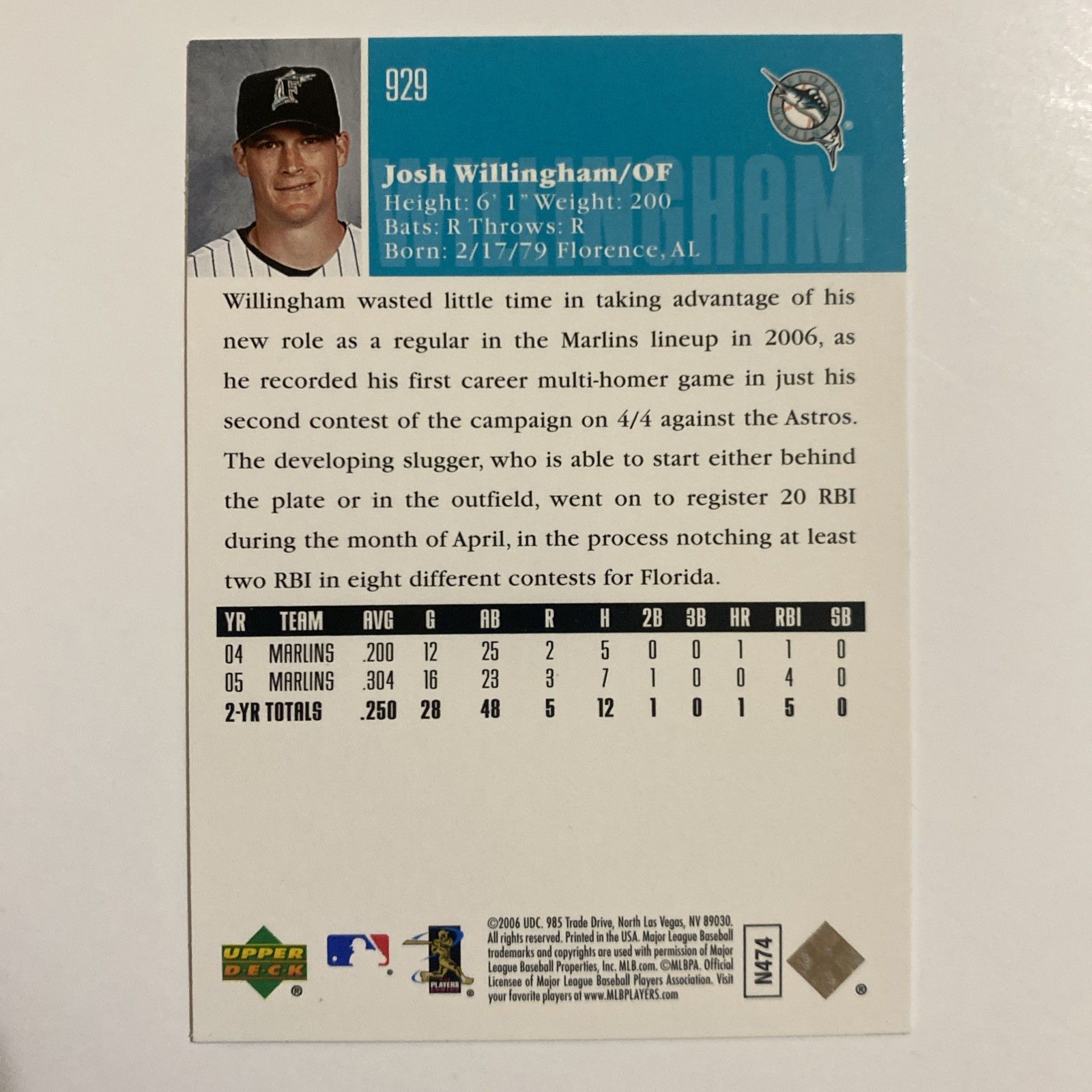 Josh Willingham 2006 Upper Deck Rookie RC #929 Florida Marlins NM
