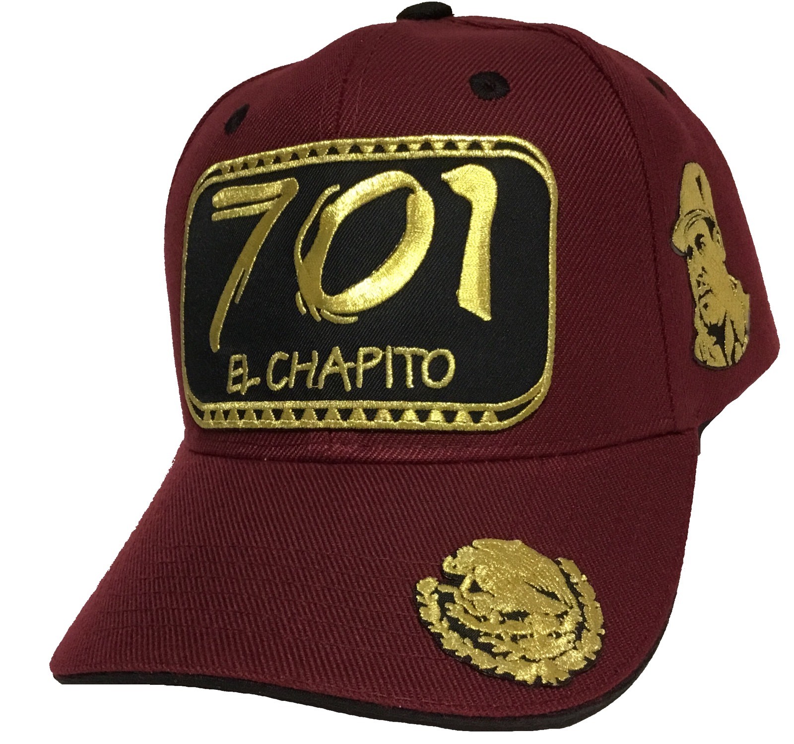EL CHAPITO 701 CHAPO A LADO Y ÁGUILA VICERA 3 LOGOS GOLD HAT MAROON ADJUSTABLE