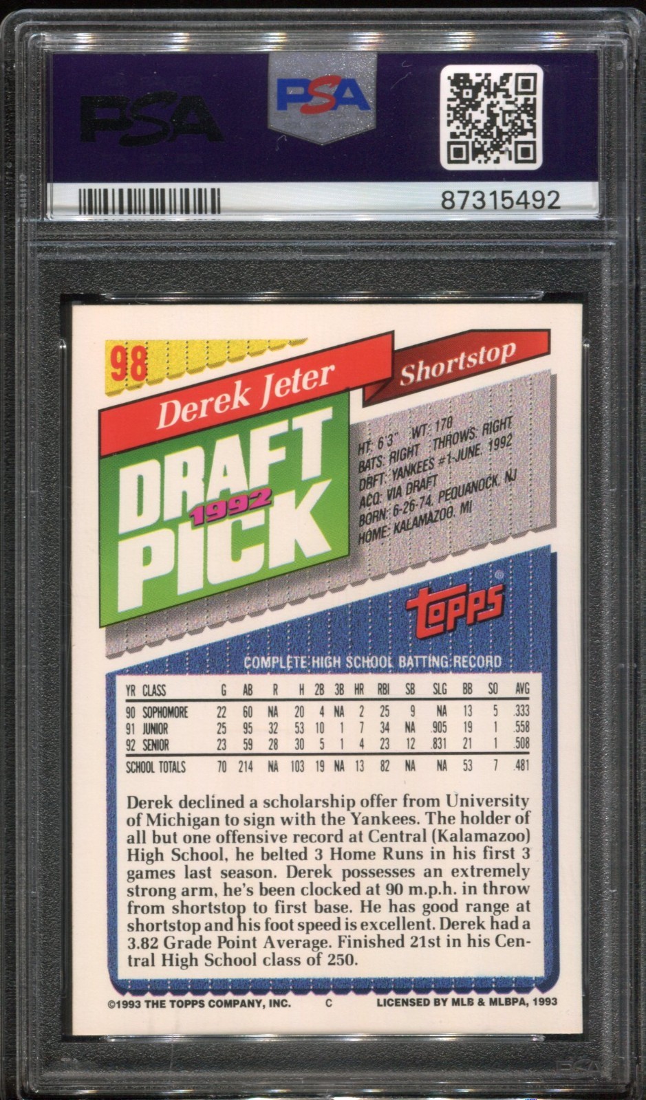 1993 Topps Derek Jeter #98 RC HOF PSA 9