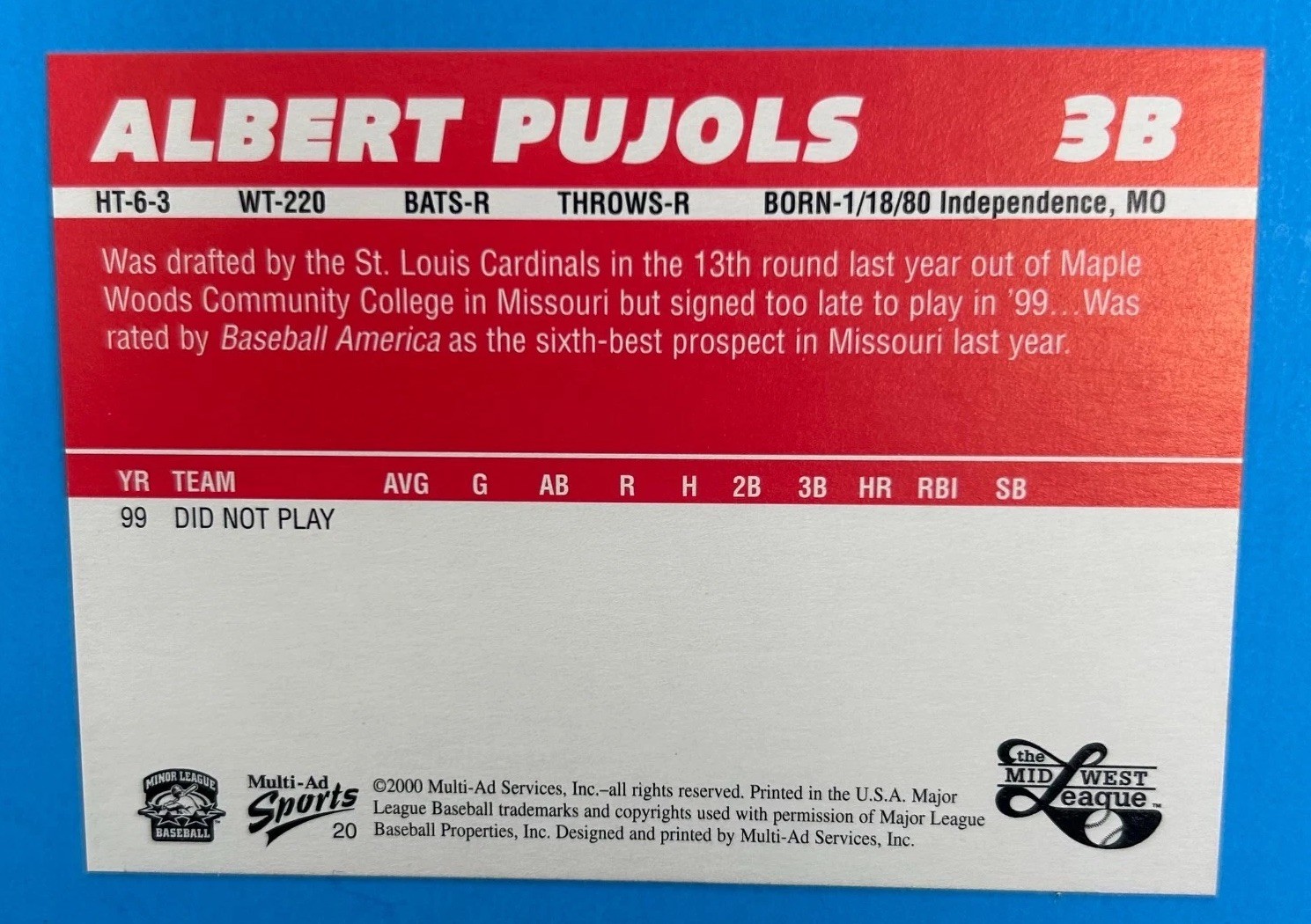 ALBERT PUJOLS RC 🔥 2000 Midwest League Peoria Chiefs Top Prospects SINGLE! ⚾️
