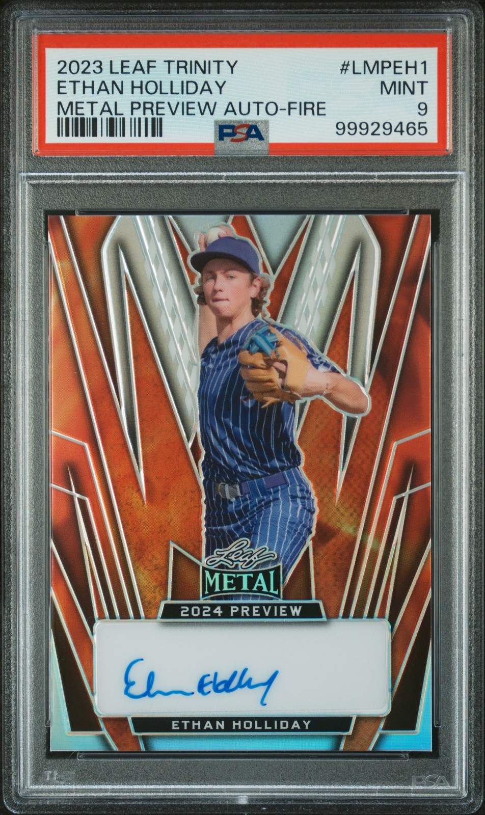 Ethan Holliday 2023 Leaf Trinity Leaf Metal Preview Fire Auto Card /10 PSA 9