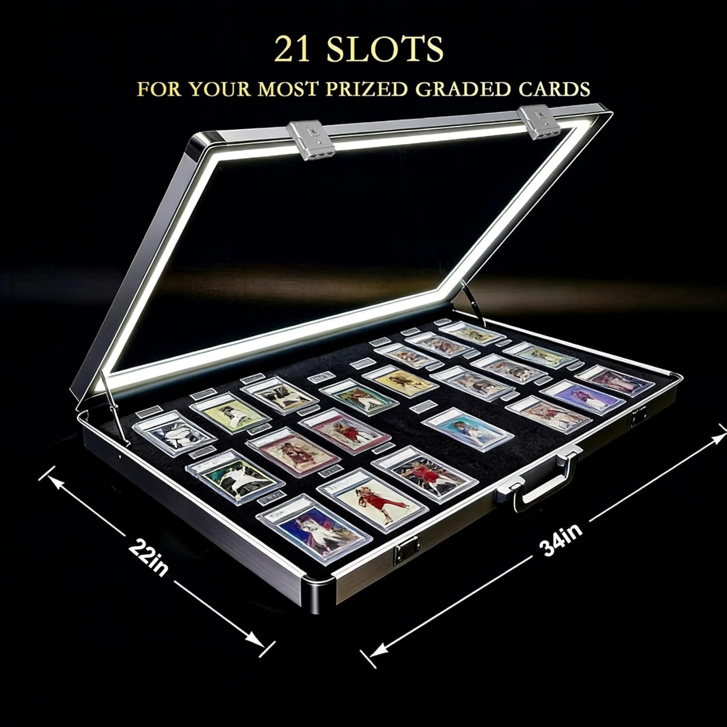 Large Lockable Aluminum Display Case with LED Lights for Trading Cards