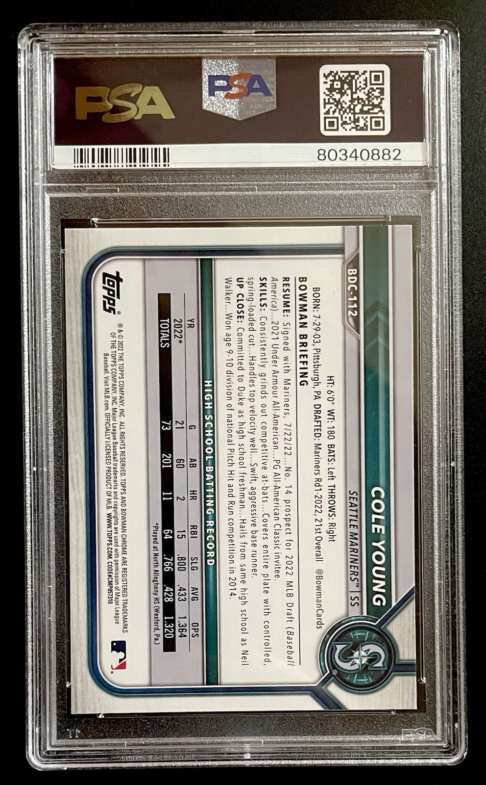 Cole Young 2022 Bowman Draft Chrome PSA 10 Rookie RC 1st BDC112 Seattle Mariners