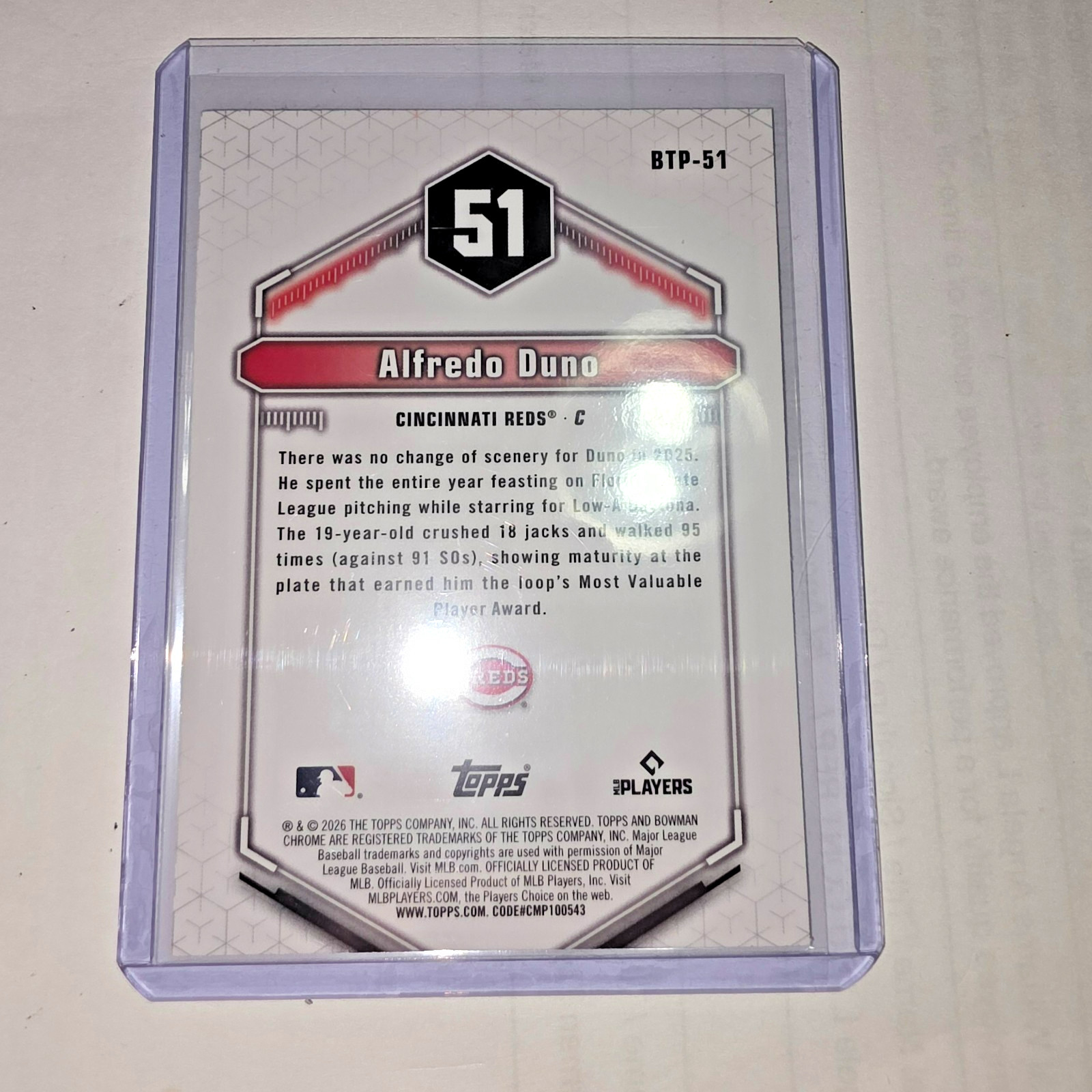 2026 BOWMAN TOP 100 PROSPECT SILVER MIRROR #BTP-51 ALFERDO DUNO RC – CINCINNATI