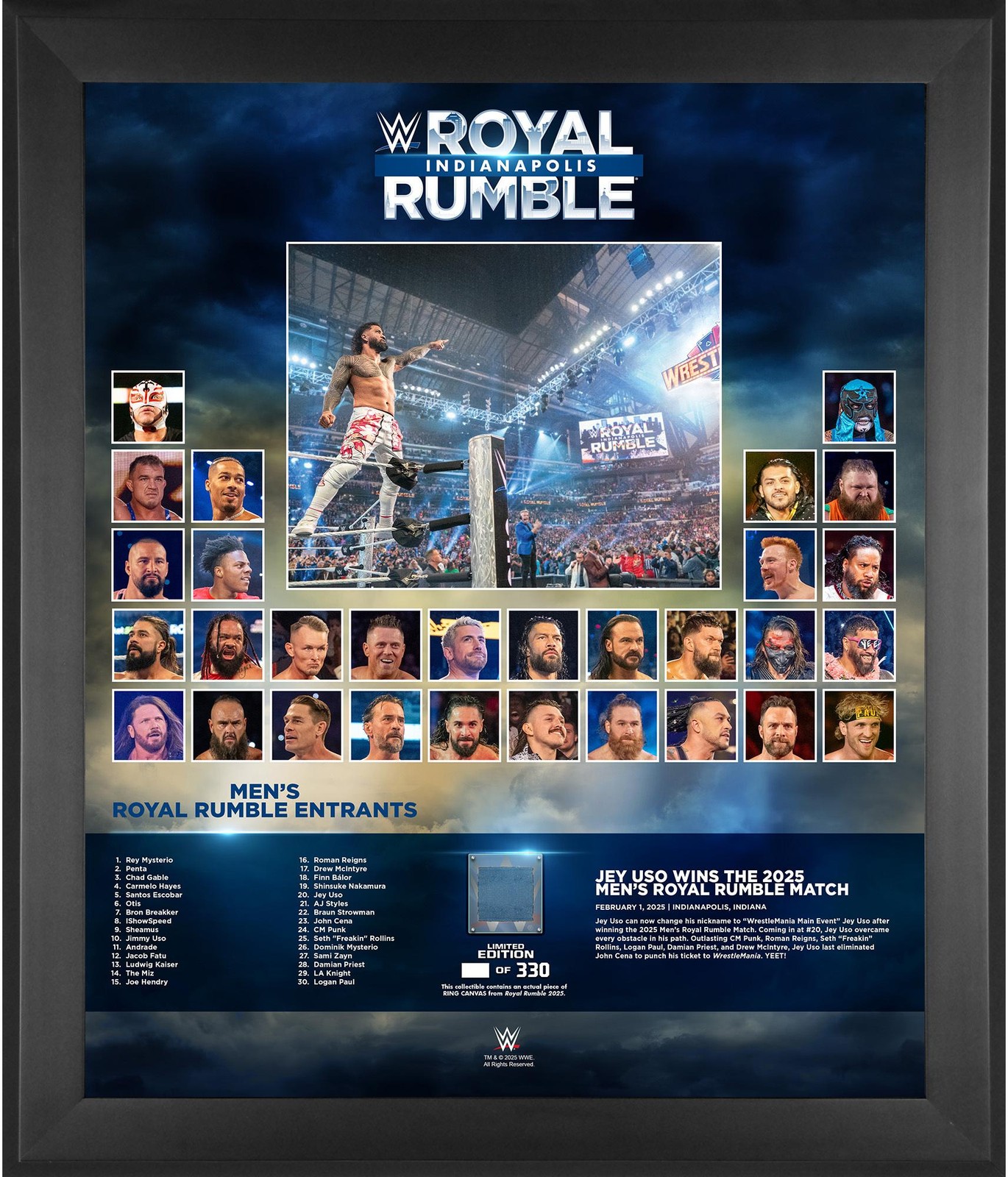 Jey Uso WWE Framed 20×24 2024 Men’s Royal Rumble Match Collage w/Canvas – LE 330