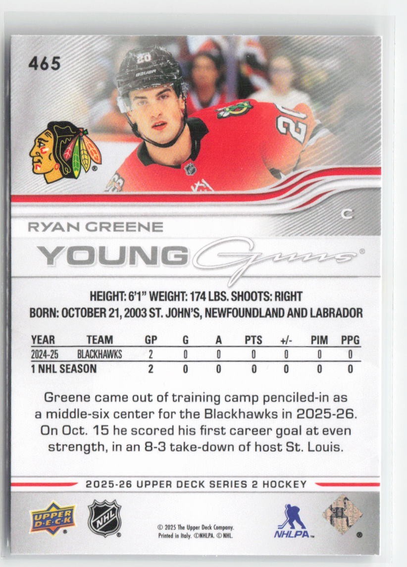 2025-26 Upper Deck Series 2 Hockey Ryan Greene #465 Young Guns Deluxe /250