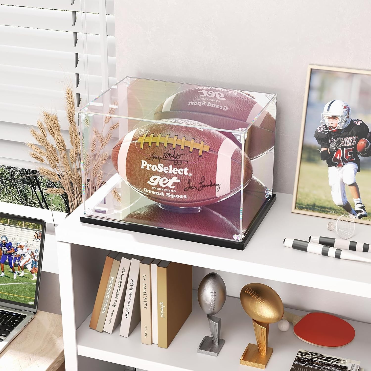 Football Display Case with Mirror Back and Base, Acrylic Display Case for Ful…
