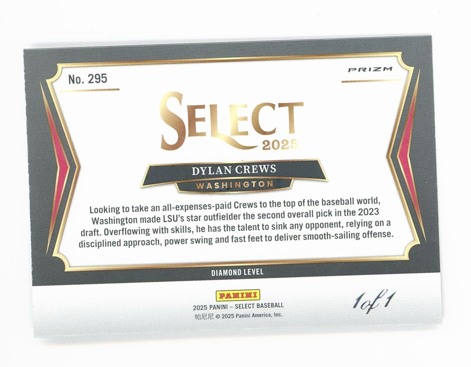 2025 Panini Select DYLAN CREWS #295 Rc Diamond Level 💎 Black Finite 1/1