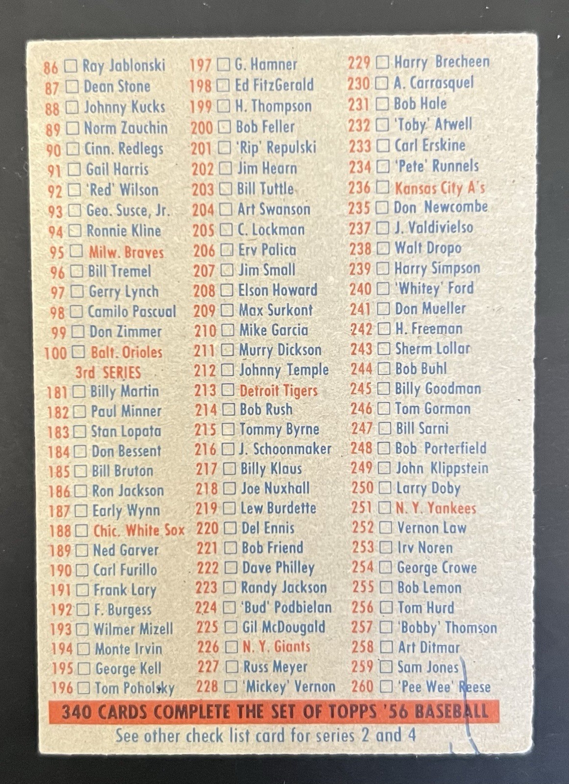 1956 Topps – Checklists Series 1/3