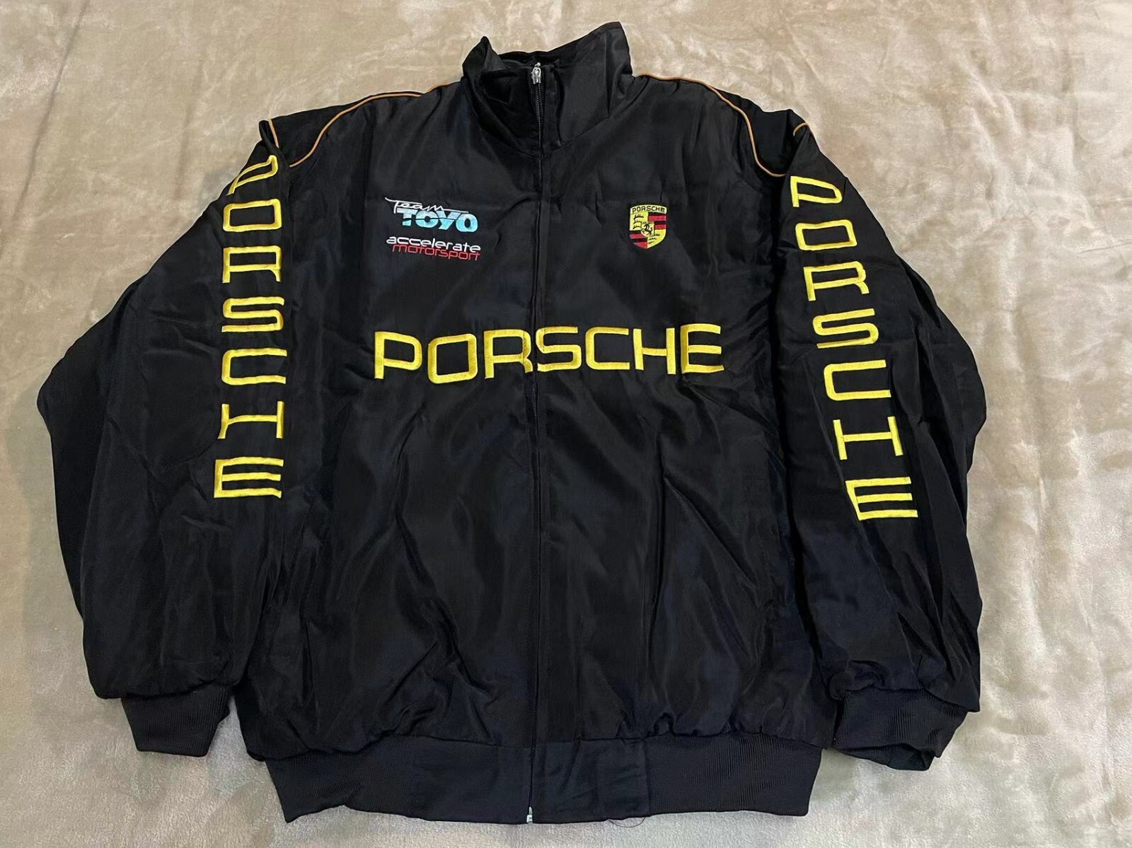 Unisex Adult Racing Black Jacket Embroidered Patches Cotton Padded Porsche M-2XL