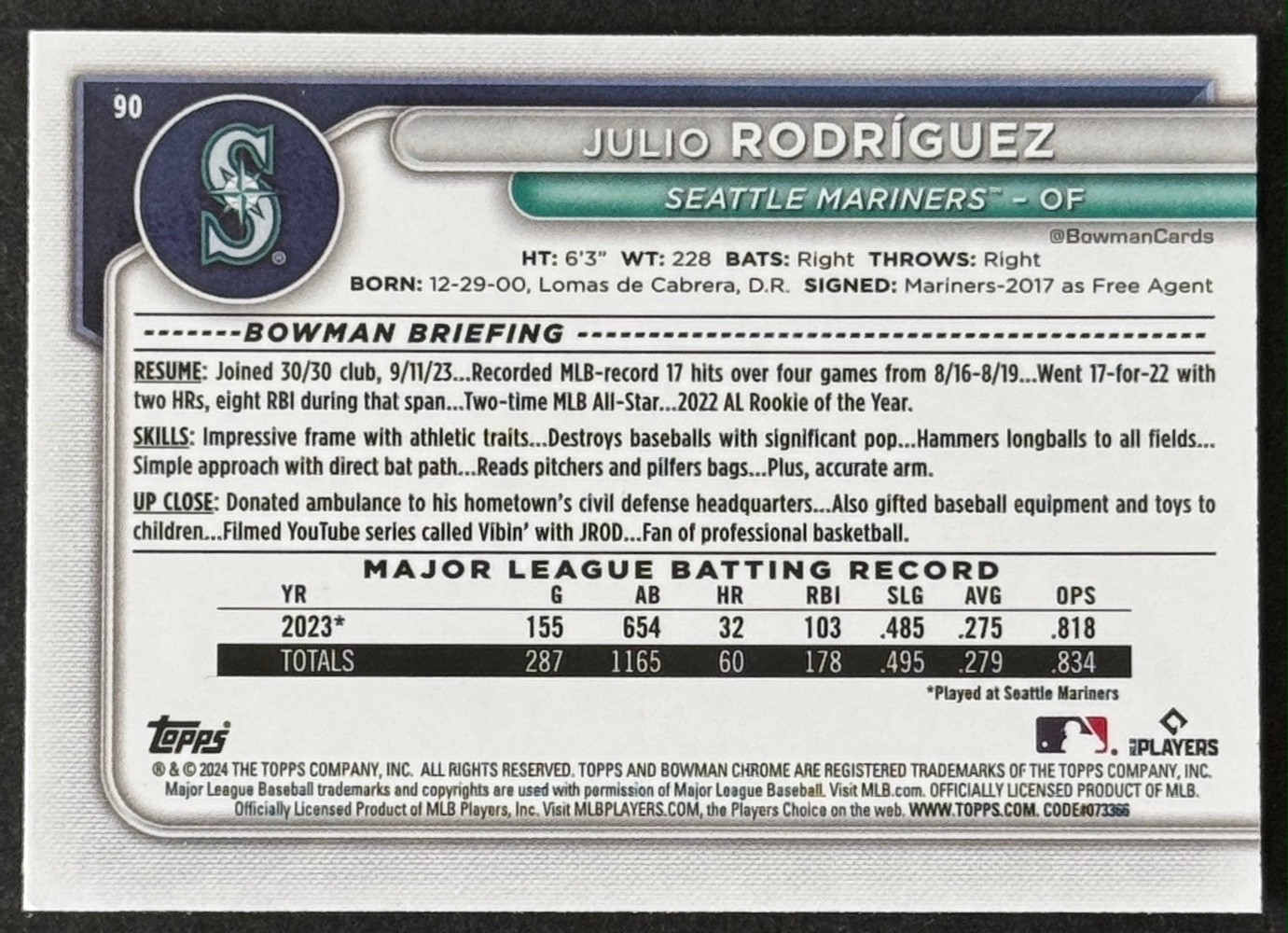 JULIO RODRIGUEZ 2024 Bowman Chrome Navy Mojo Refractor #90 /175 *Free Shipping*