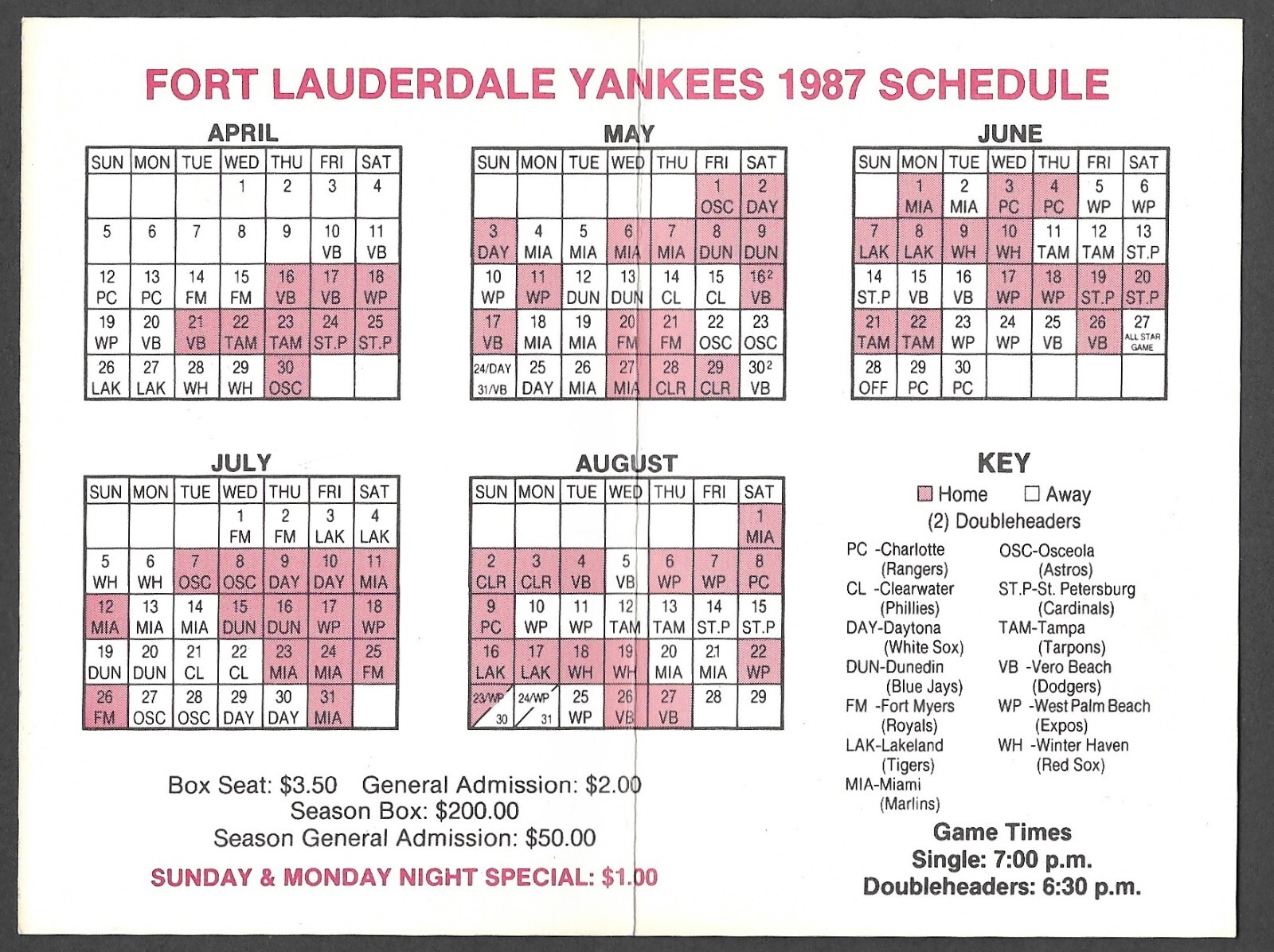 1987 FORT LAUDERDALE YANKEES Aloha Travel Regular Season POCKET SCHEDULE NM