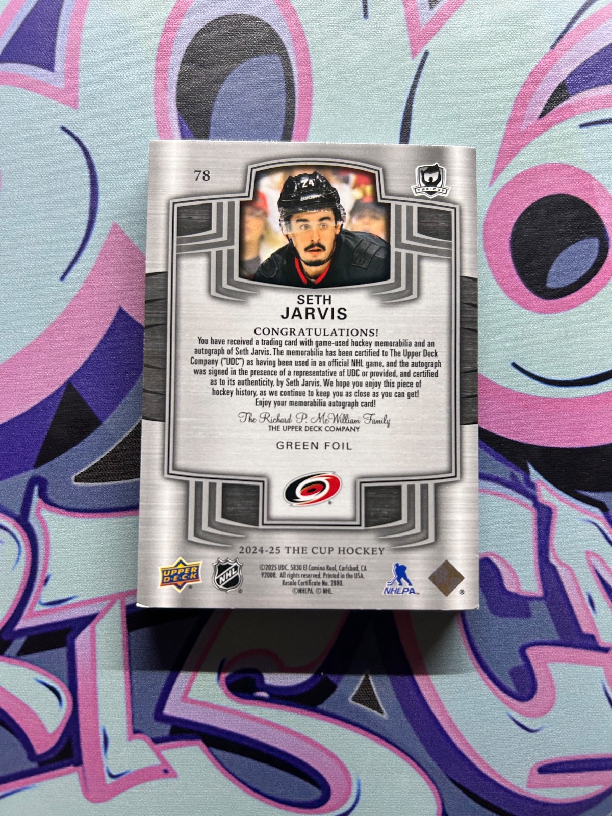 2024 UD THE CUP #78 SETH JARVIS GREEN FOIL BUTTON AUTO 1/3! (PH)