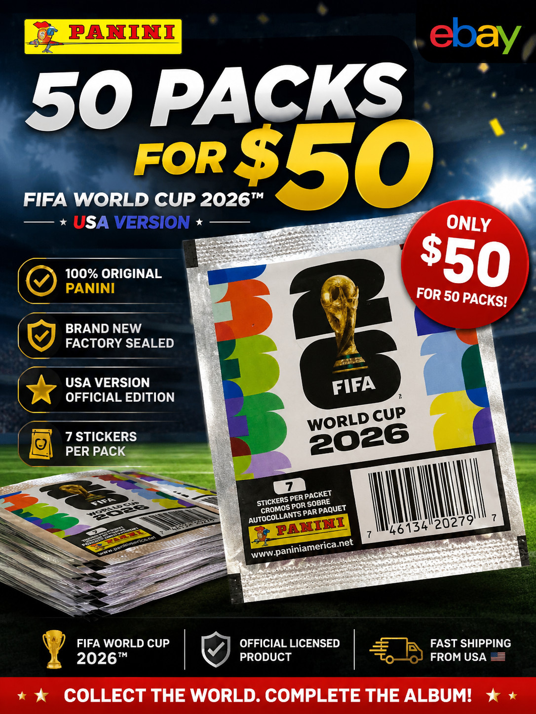 50 Panini FIFA World Cup 2026 Sticker Packs – USA Version – Original – Facto