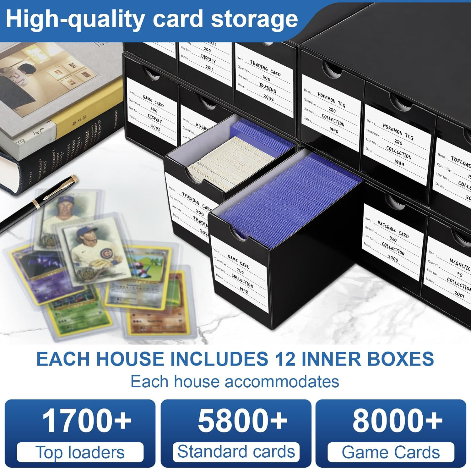 Trading Card Storage Box 12 Drawers Cardboard Organizer with Dividers for Top