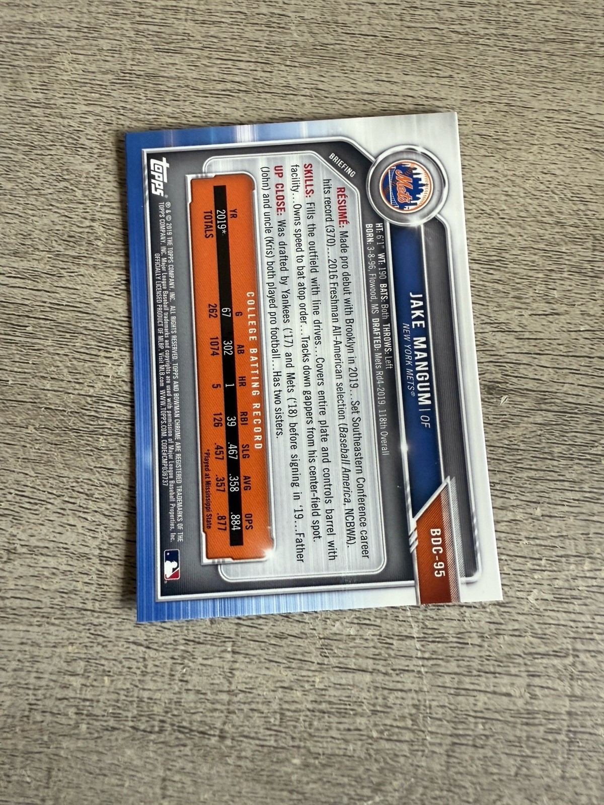 Jake Mangum 2019 1st Bowman Draft Chrome #BDC-95 Pittsburgh Pirates