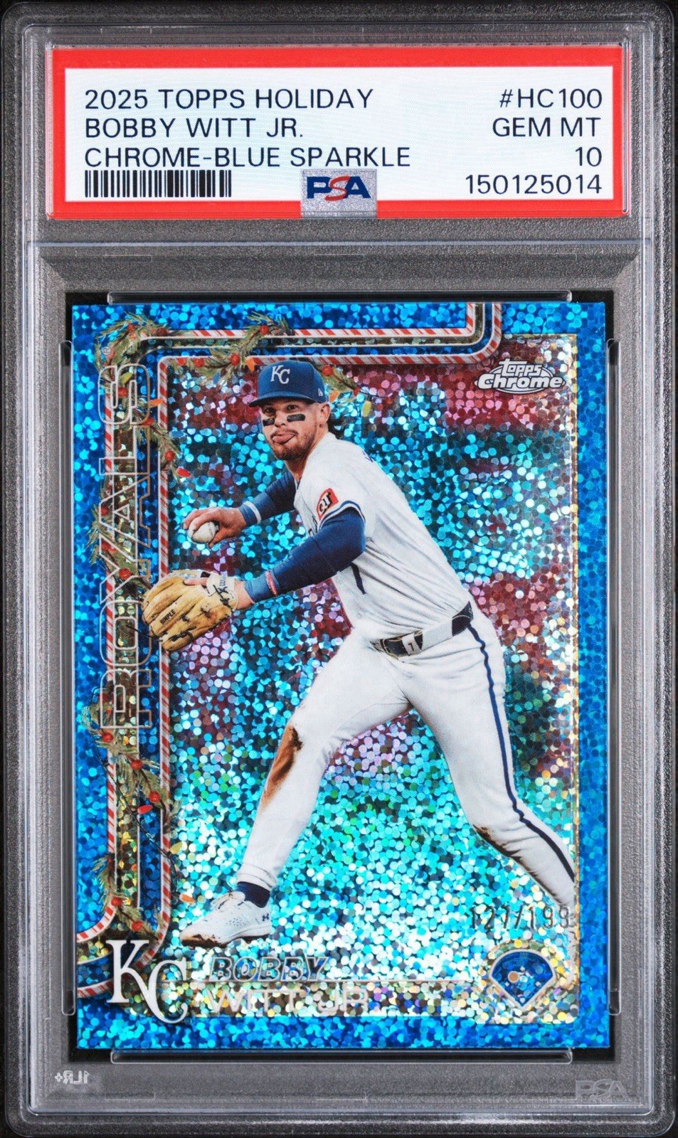 Topps Holiday Chrome 2025 Bobby Witt Jr. #HC100 Blue Sparkle /199 PSA 10