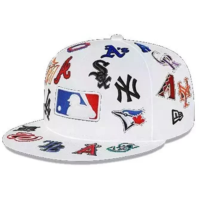“BOXED” MLB Teams Patch Logos All-Over Black/White 59FlFTY Fitted Cap-5950 Hat