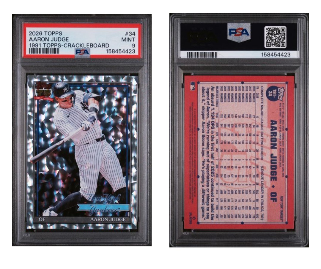 2026 Topps Series 1 – Aaron Judge #T91-34 – 1991 Silver Crackleboard Foil PSA 9