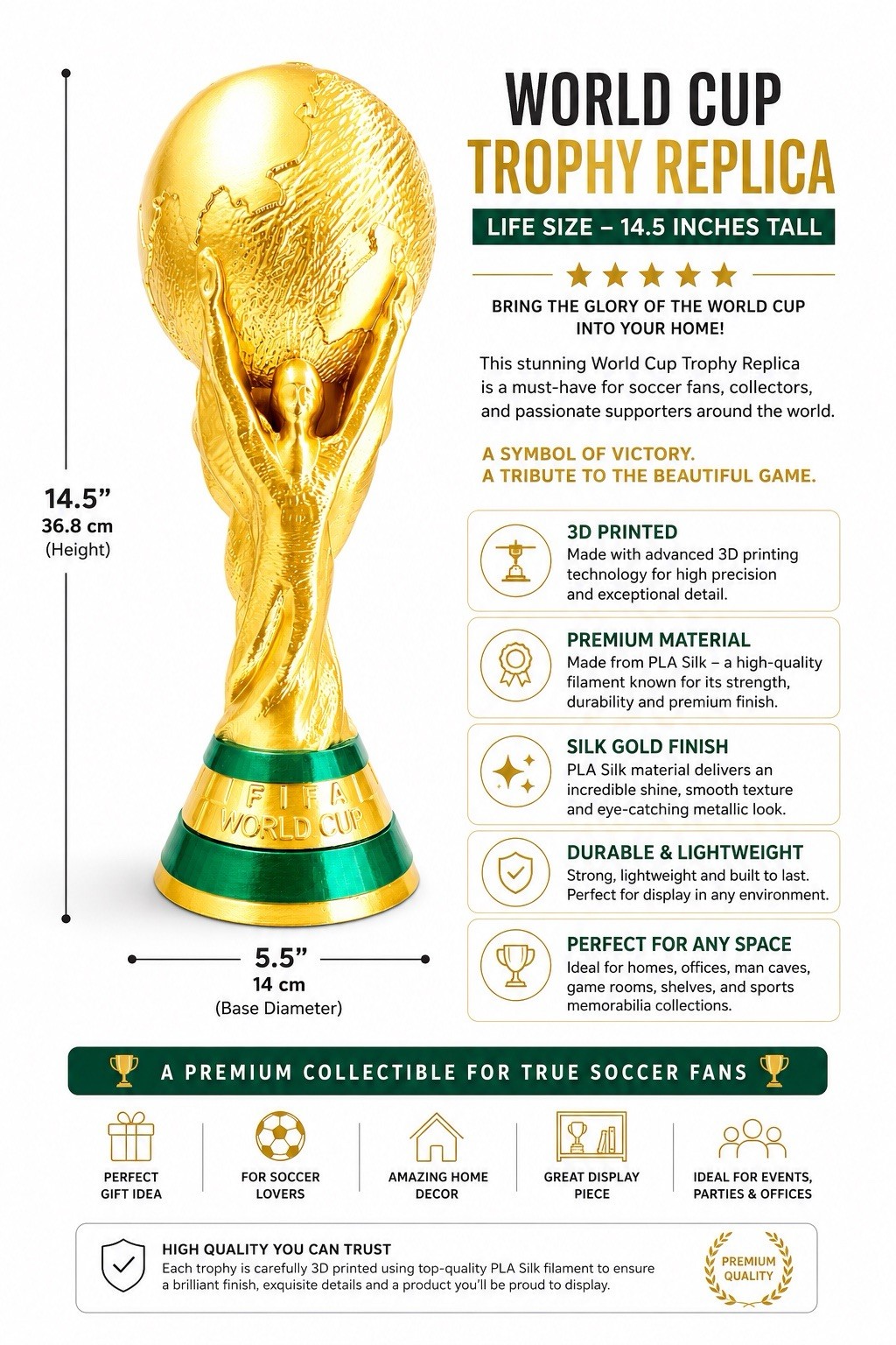 World Cup Trophy Replica 14.5” Gold Soccer Fan Display Collectible Gift