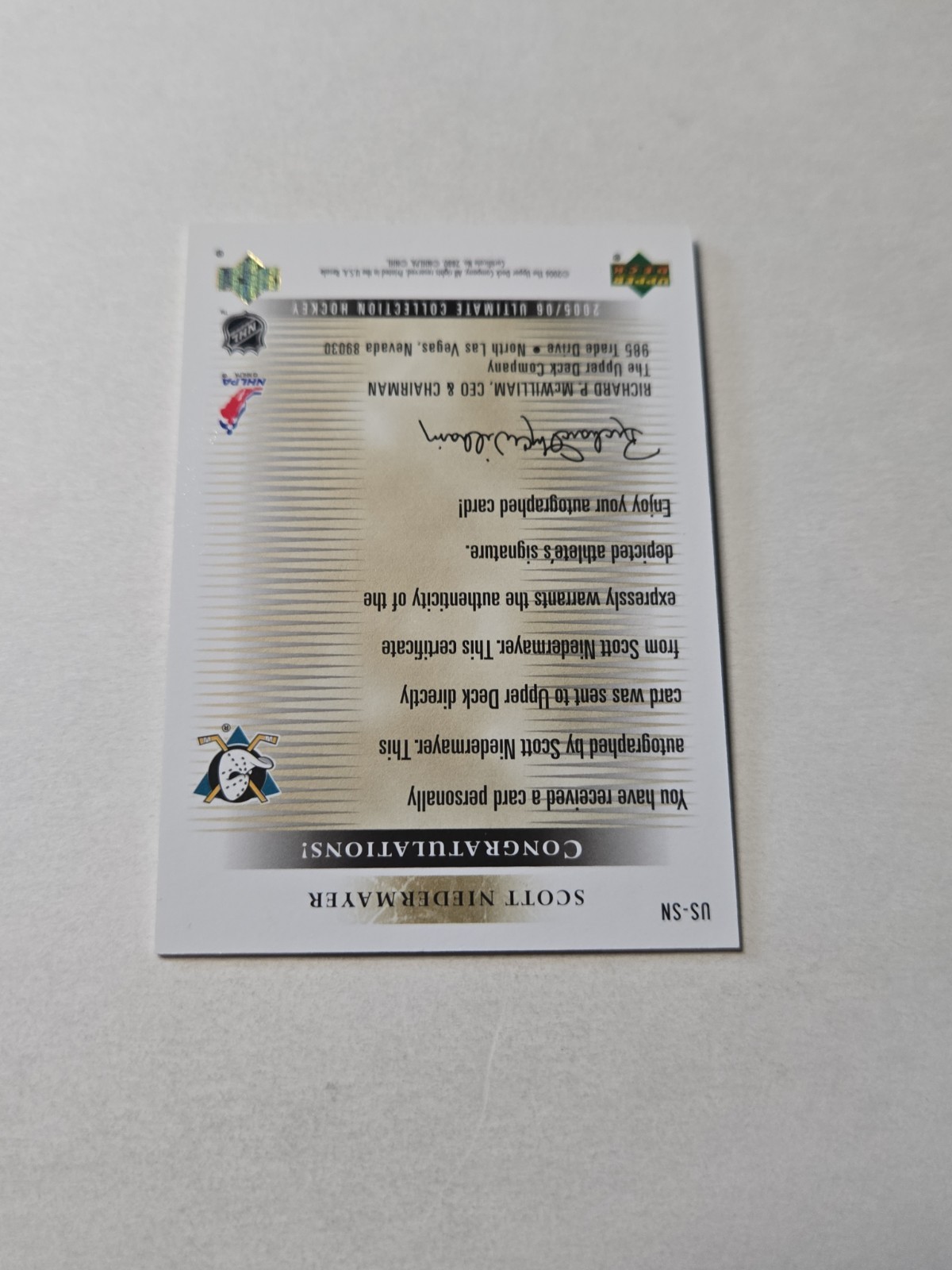 2005-06 Ultimate Collection – Ultimate Signatures Scott Niedermayer #US-SN (AU)