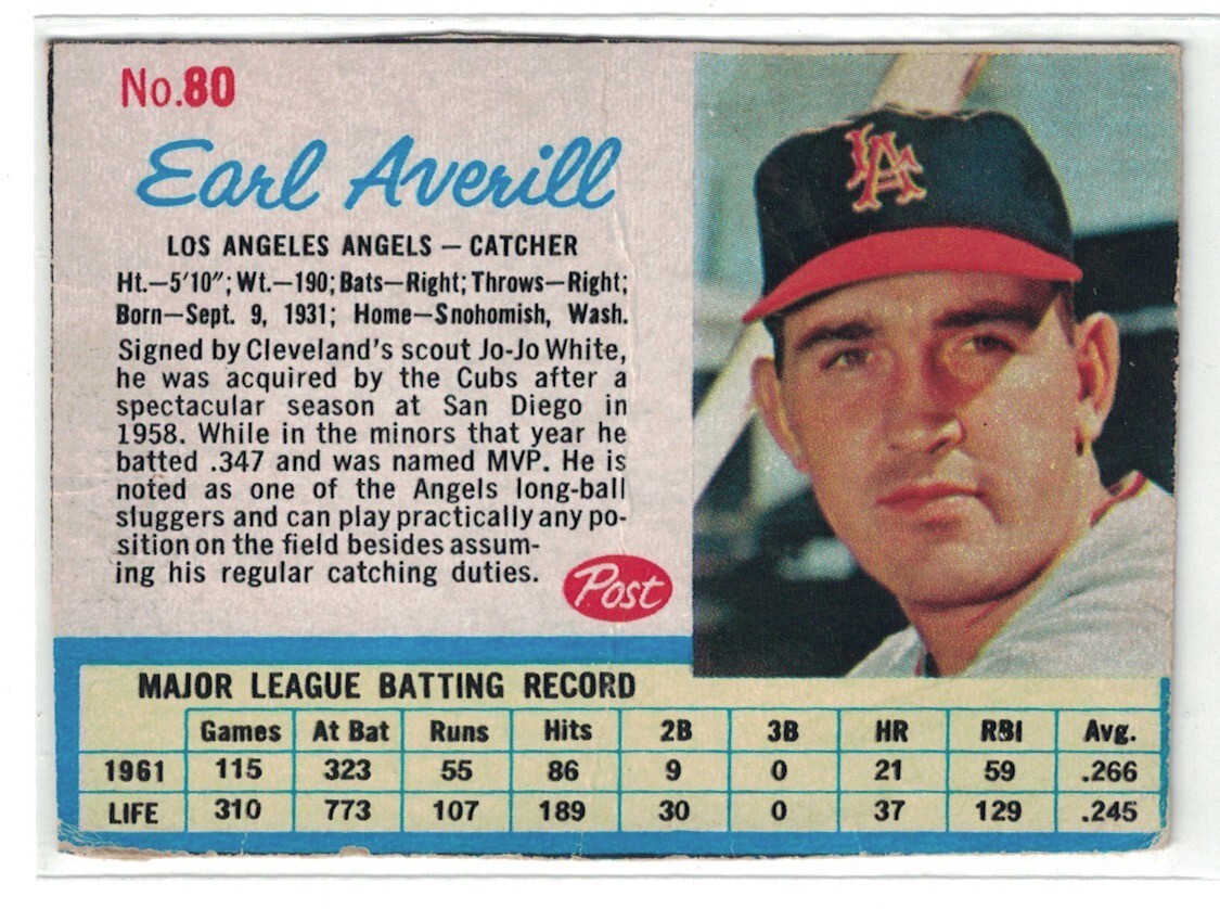 1962 Post #80, Earl Averill, Los Angeles Angels, a Crease
