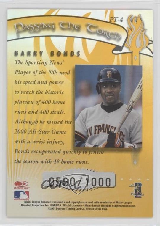 2001 Donruss Elite Passing the Torch 560/1000 Barry Bonds #PT-4 16fd