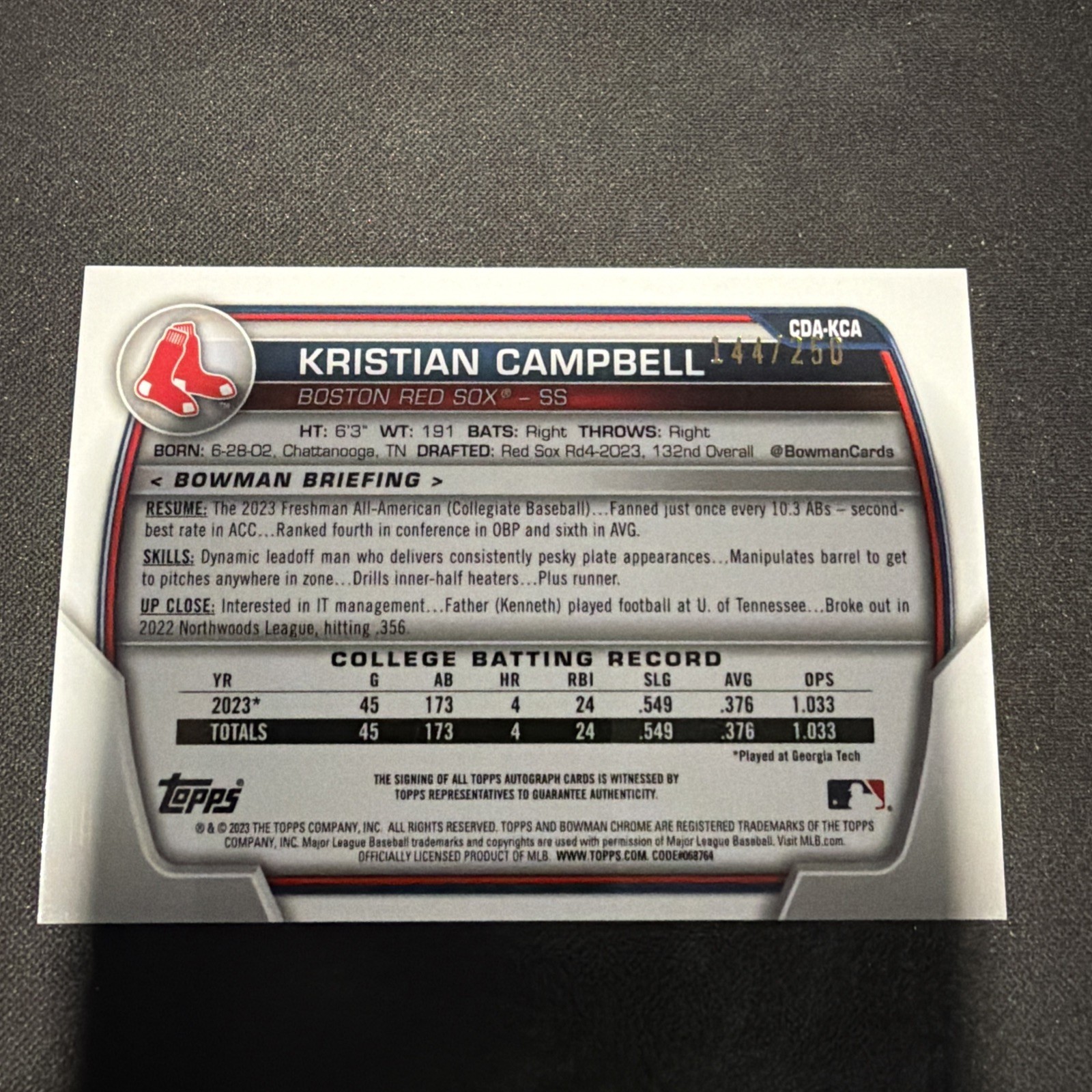 2023 Bowman Draft Kristian Campbell Chrome Auto Purple Refractor 1st #/250