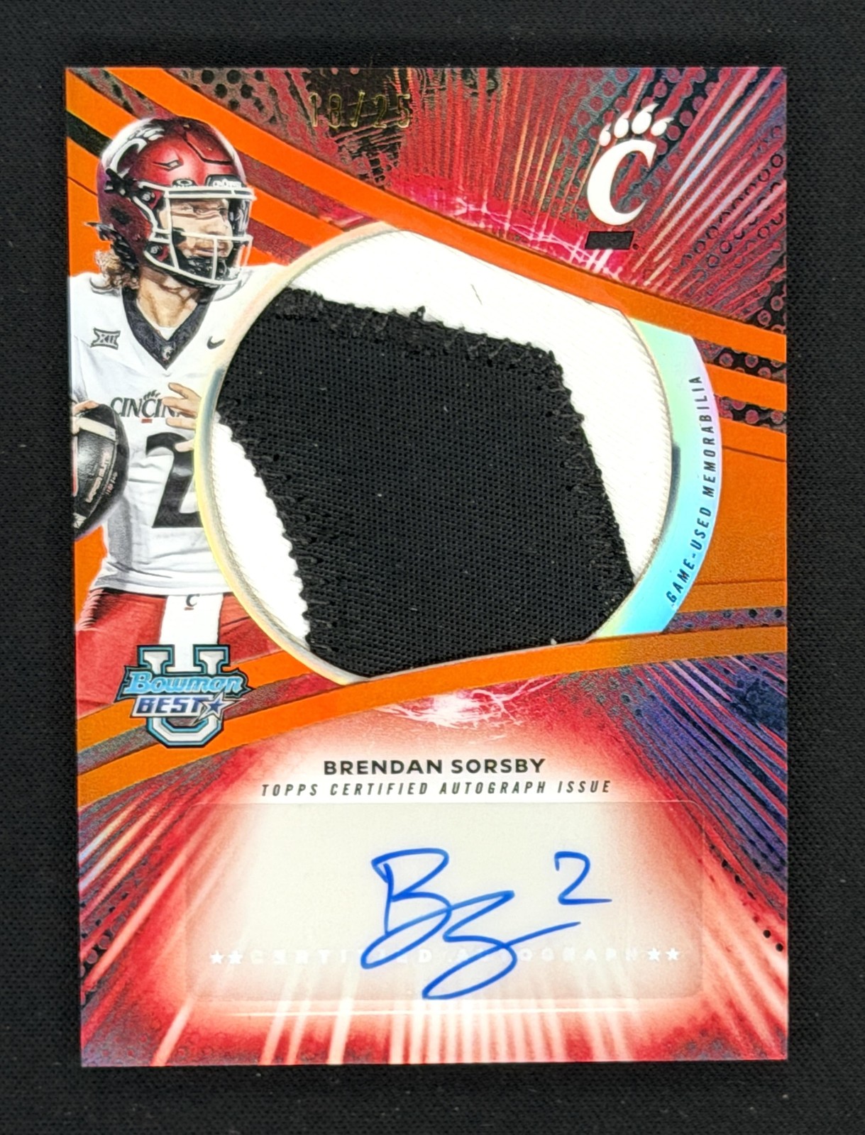 Brendan Sorsby 2025 Bowman University Best Prospect Jumbo Relic Auto Orange /25