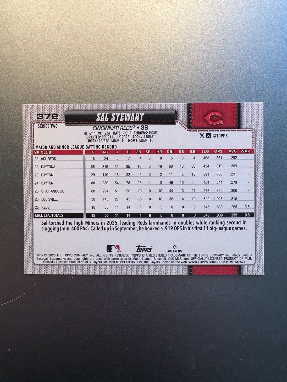 2026 Topps Series 2 Baseball #372 Sal Stewart, Cincinnati Reds RC Rookie