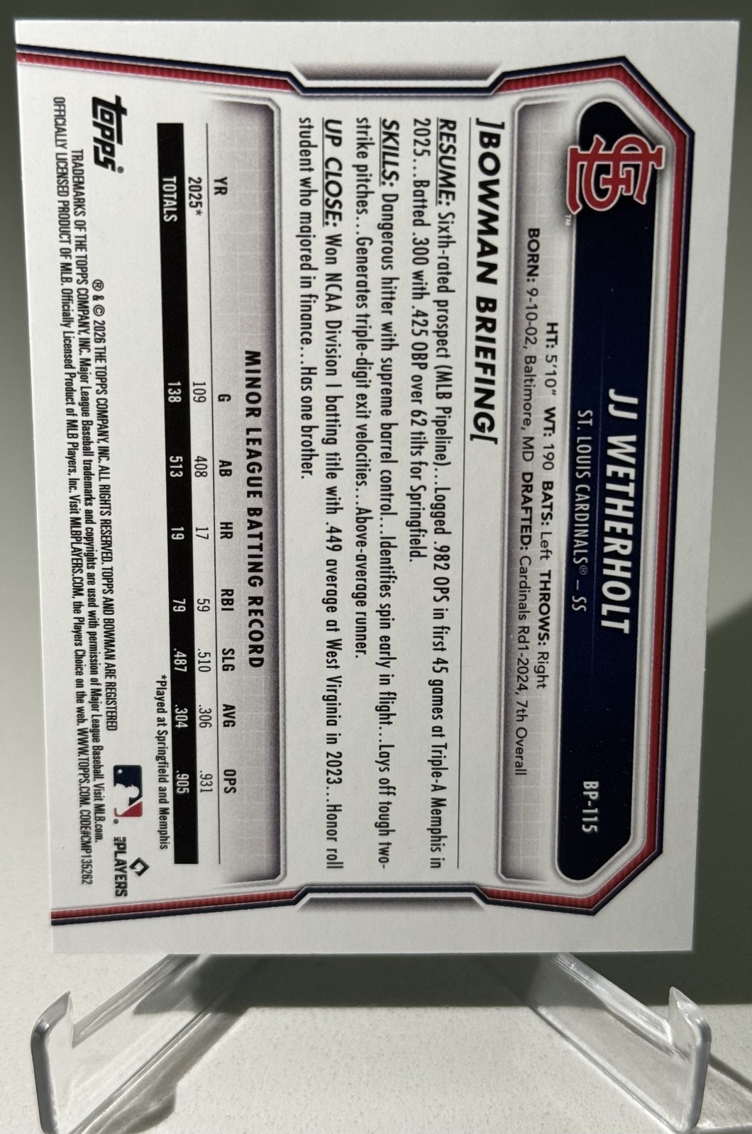 2026 Bowman – JJ Wetherholt – Prospect – Sky Blue – 76/499!