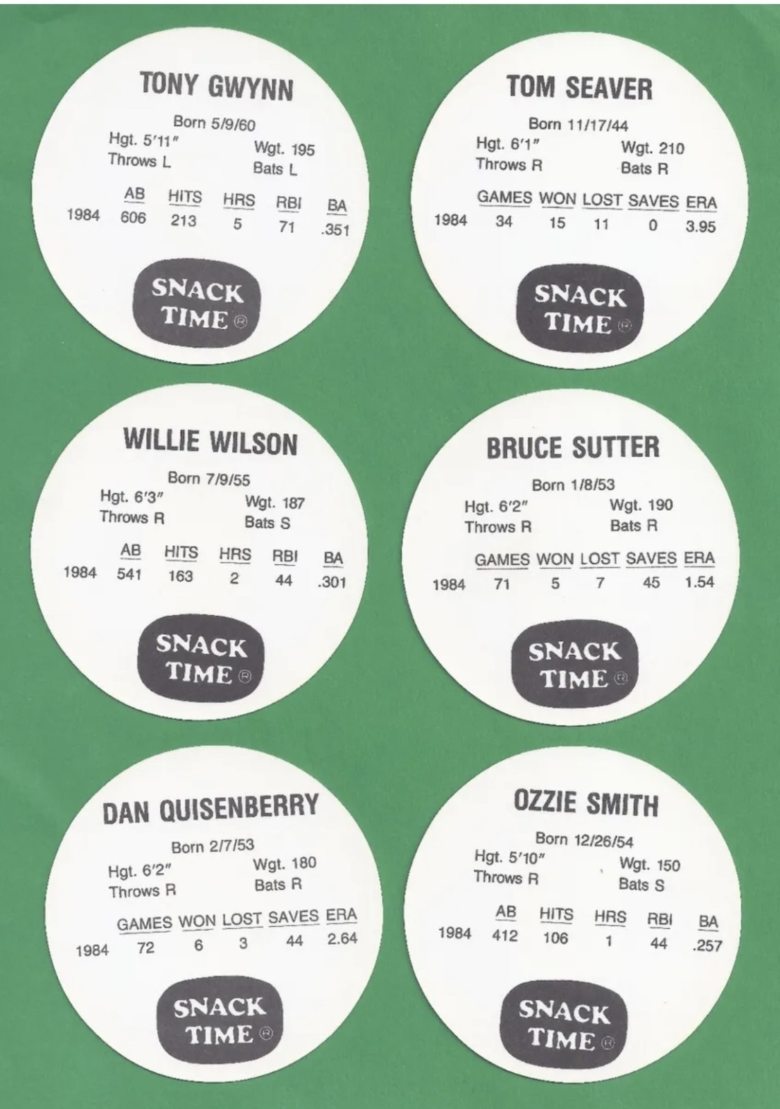 1985 85 KAS Potato Chips Snack Time Disc Ripken Gwynn Carlton Schmidt Seaver