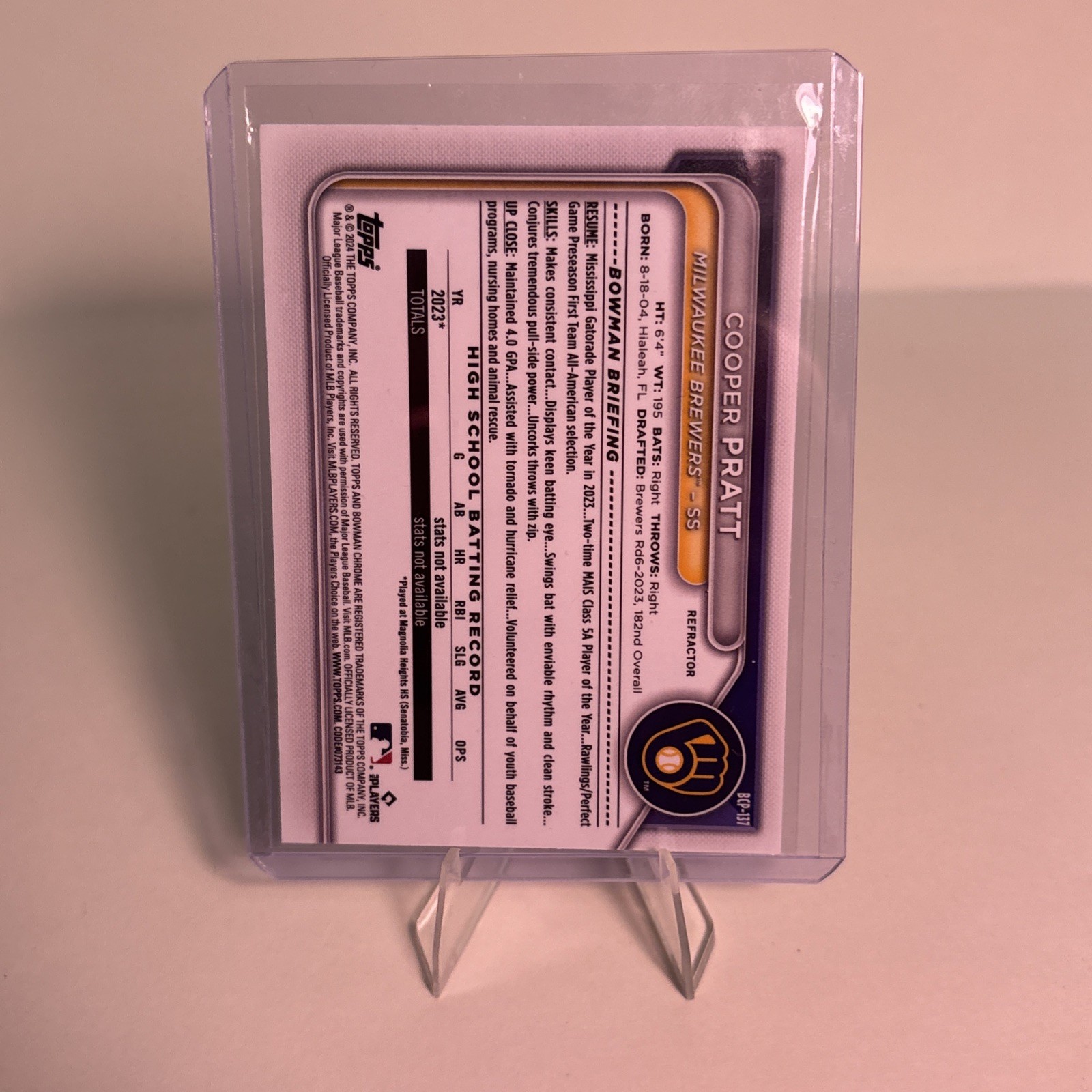 2024 Bowman – Chrome Prospects Cooper Pratt #BCP-137 Refractor /499 (RC)