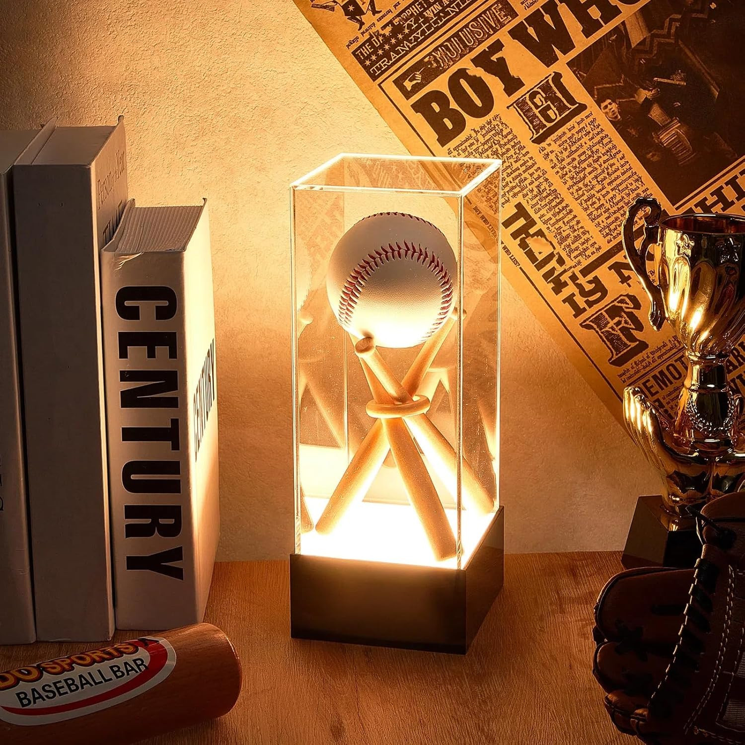 Baseball Display Case with LED Light Base Stand Holder, Wooden Sticks, UV Protec
