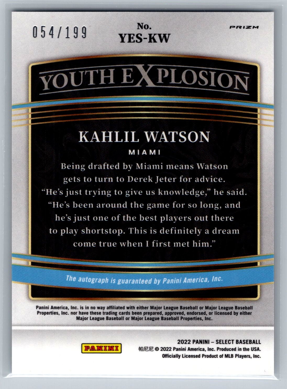 Kahlil Watson 2022 Select Youth Explosion Signatures Holo /199 #YES-KW