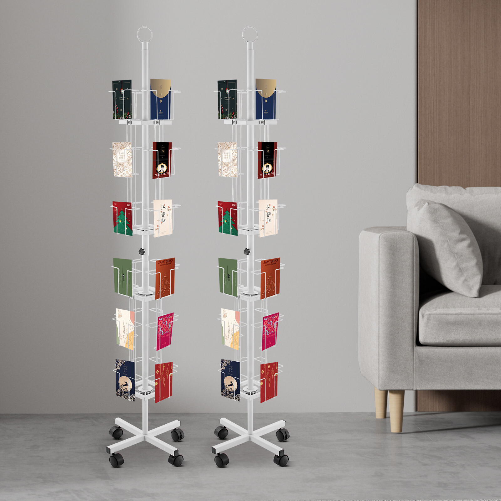 6-tier 32-pocket Rotating Greeting Card Iron Rack Postcard Stand With 4 Wheels