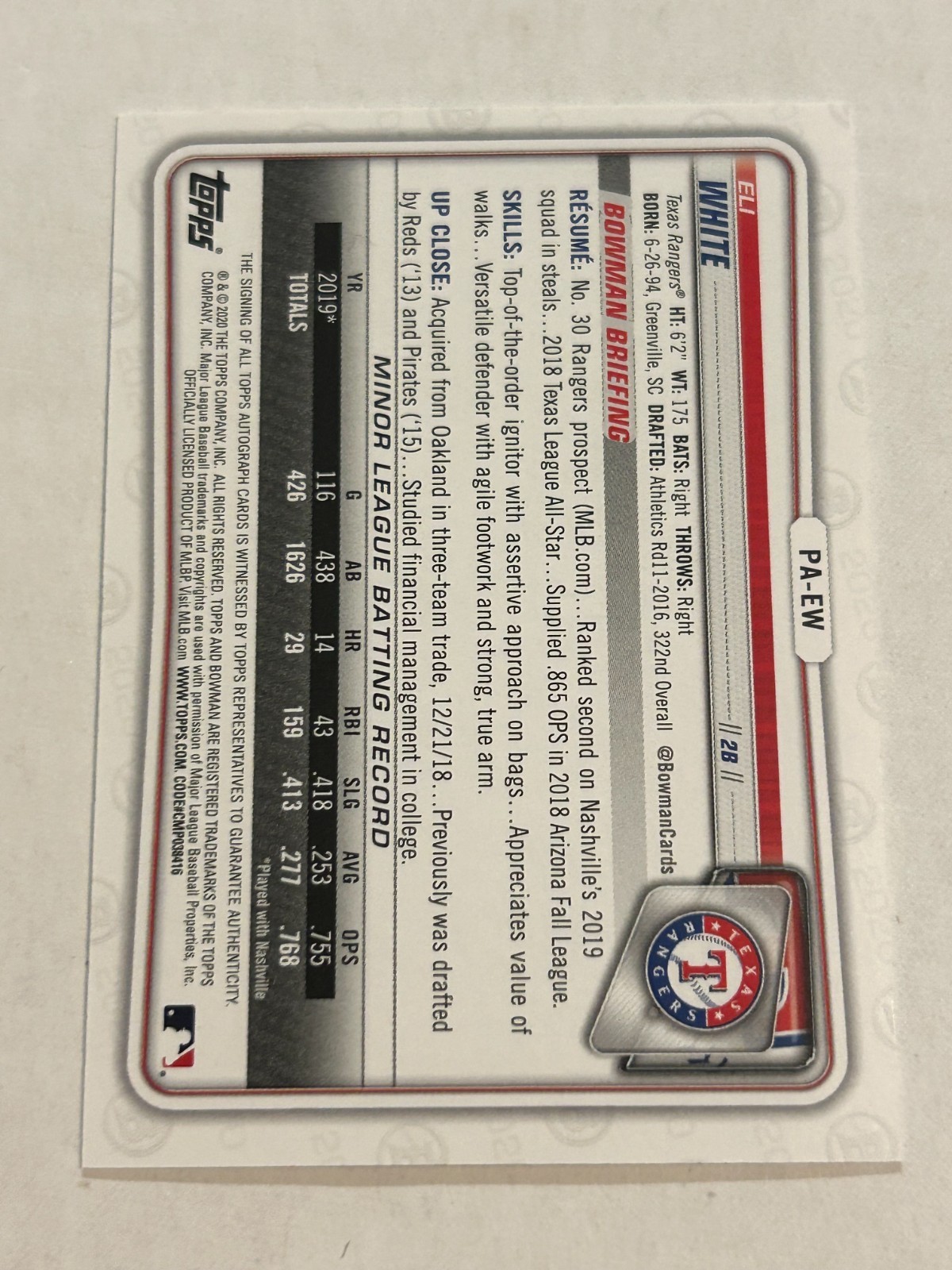 2020 Bowman Eli White Paper Prospect Auto Rangers
